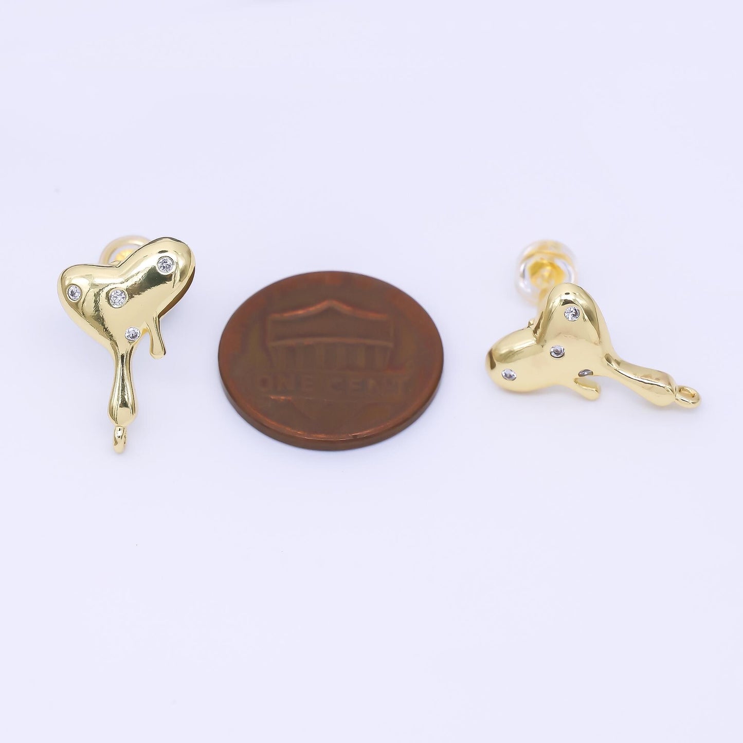 24K Gold Filled Clear CZ Dotted Molten Heart Drop Stud Earring Findings | Z1272