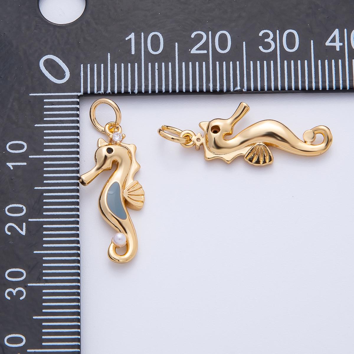 18K Gold Filled 26mm Shell Pearl CZ Grey Seahorse Animals Charm | AF1398