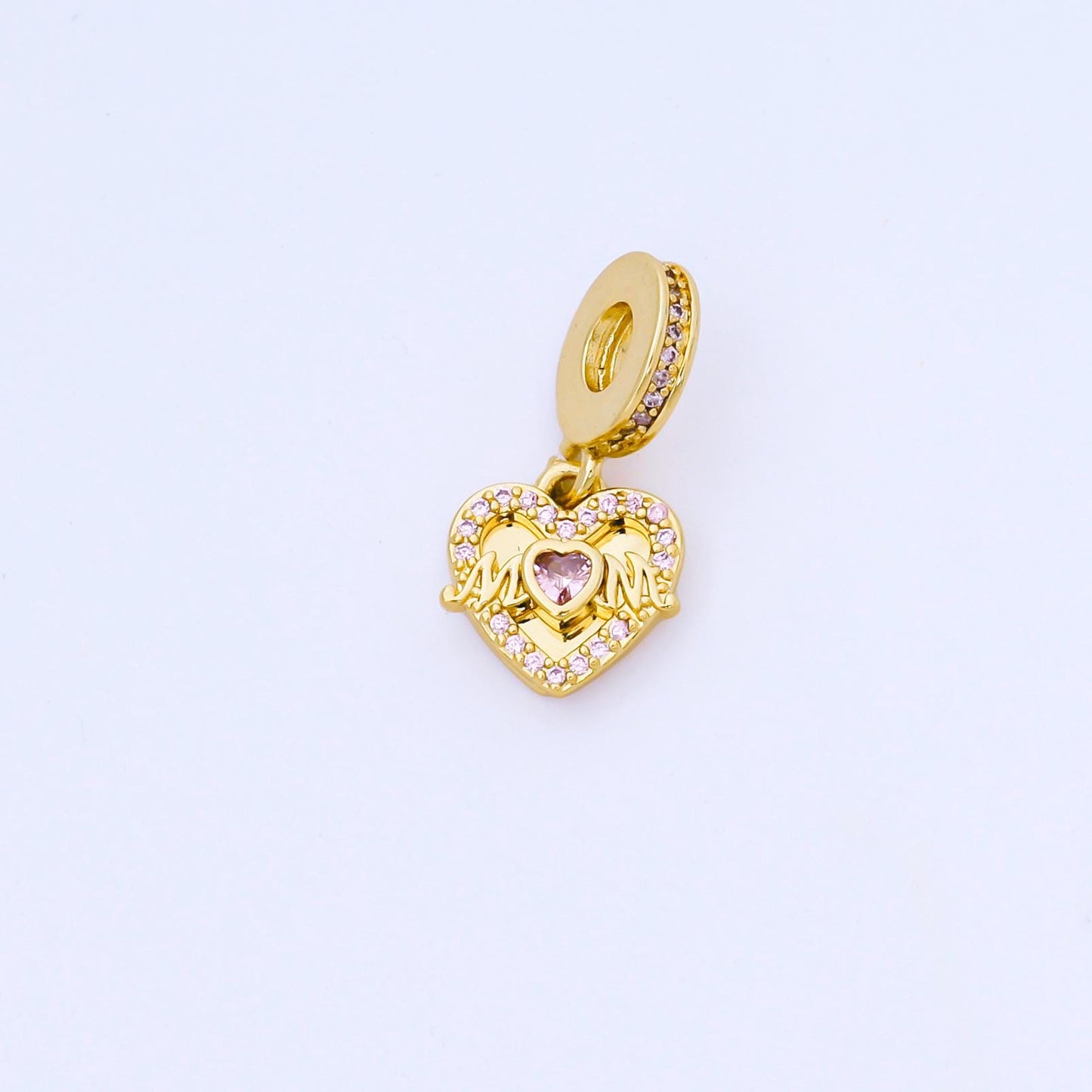 24K Gold Filled "MOM" Double Heart Pink Micro Paved CZ Rondelle Drop Pendant DIY jewelry making supply for necklace bracelet earring| AF1569