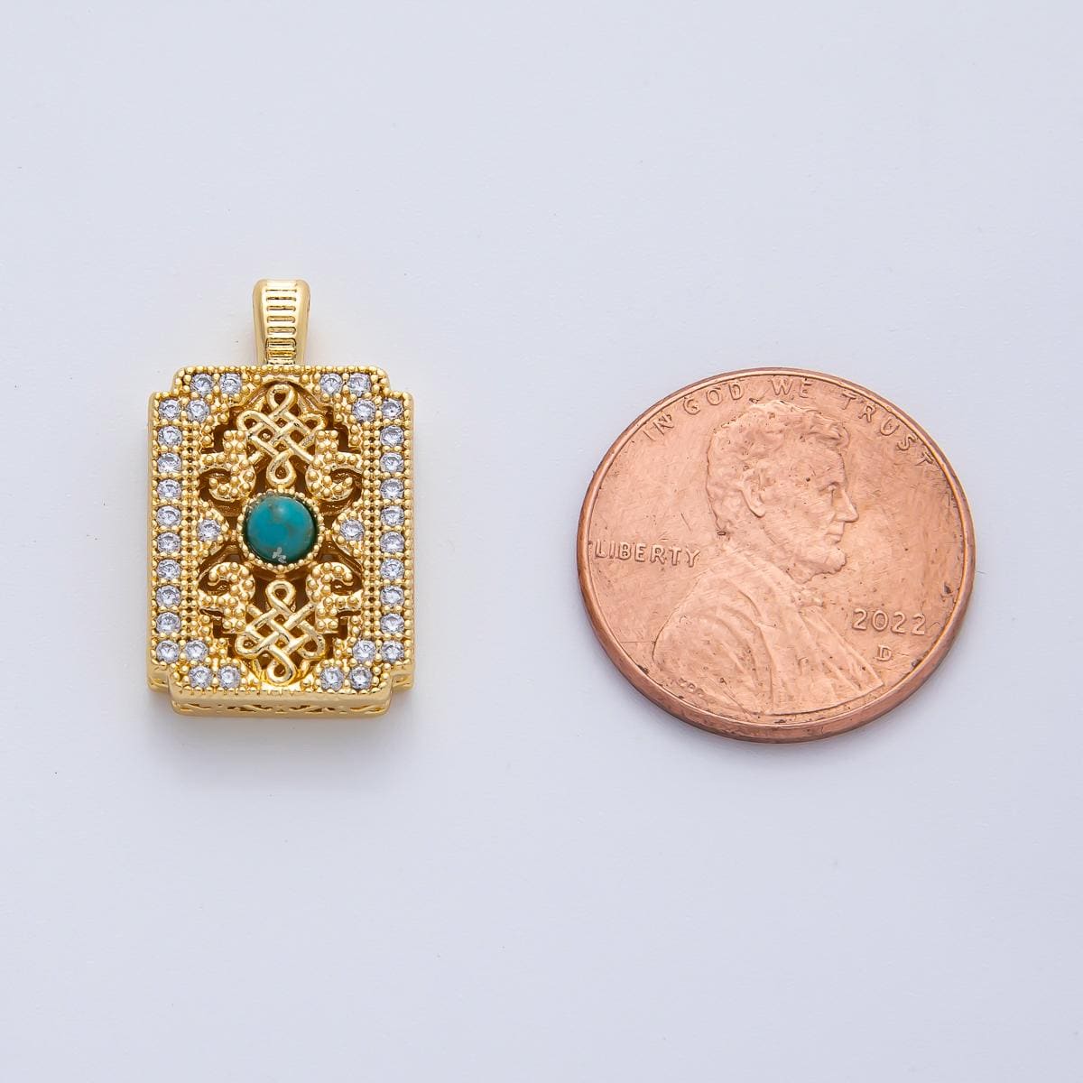 18K Gold Filled Turquoise Micro Paved CZ Artisan Tag Pendant Old Century Magical Gold and Rhinestones DIY Jewelry Making Necklace | AF1168