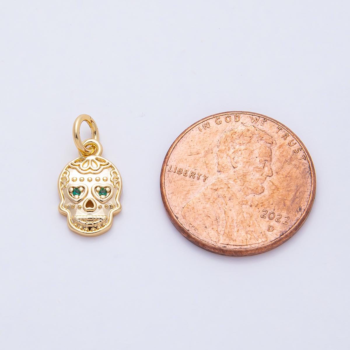 18K Gold Filled 12.5mm Green CZ Dia De Los Muertos Human Dainty Skull Skeleton Head Charm Bracelet Necklace for DIY Jewelry Making | AF1463