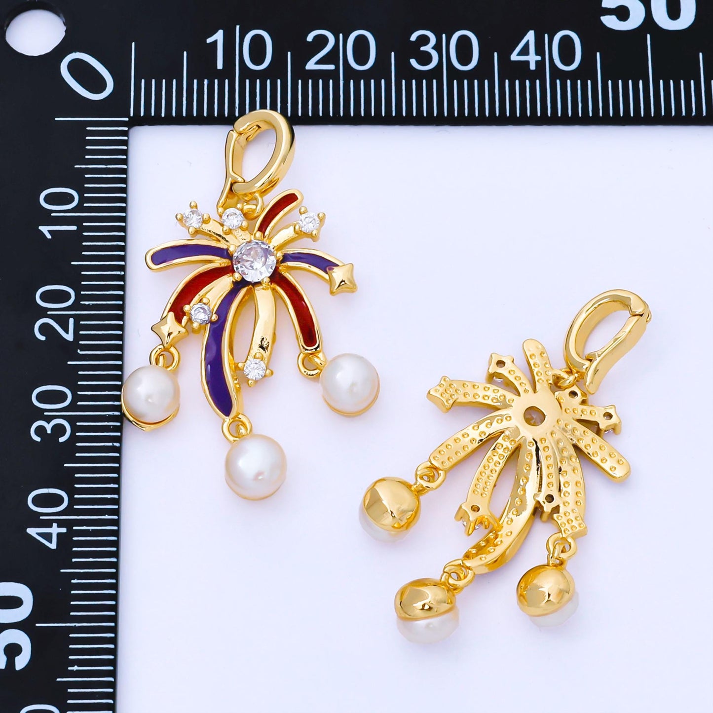 24K Gold Filled 23.5mm CZ Shell Pearl Multicolor Enamel Fireworks Charm | AA1656