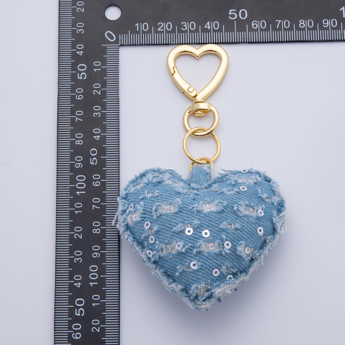 18K Gold Filled Blue Denim Puffy Heart Push Gate King Ring Keychain Accessories | WB-00145 ~ WB-00147