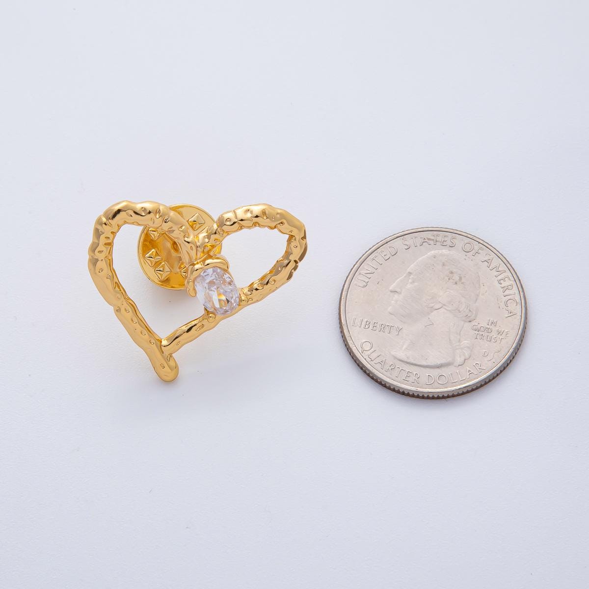 18K Gold Filled Clear CZ Crystal Open Hammered Molten Heart Pin Brooch Mini Finding Dainty Love Pin for Jackets Bags Accessories | Z1475