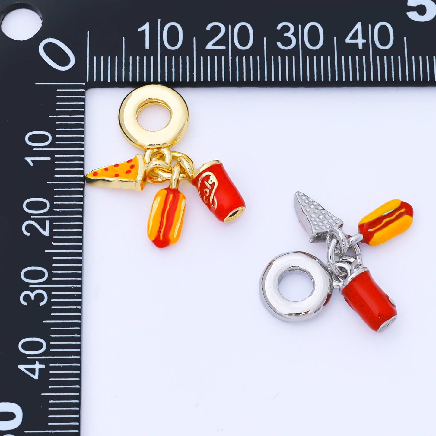 24K Gold Filled 11.5mm Enamel Art Food Set Charm in Hotdog Pizza & Soda Snack Themed Charm DIY Jewelry Making Supply Bracelet | AF1541