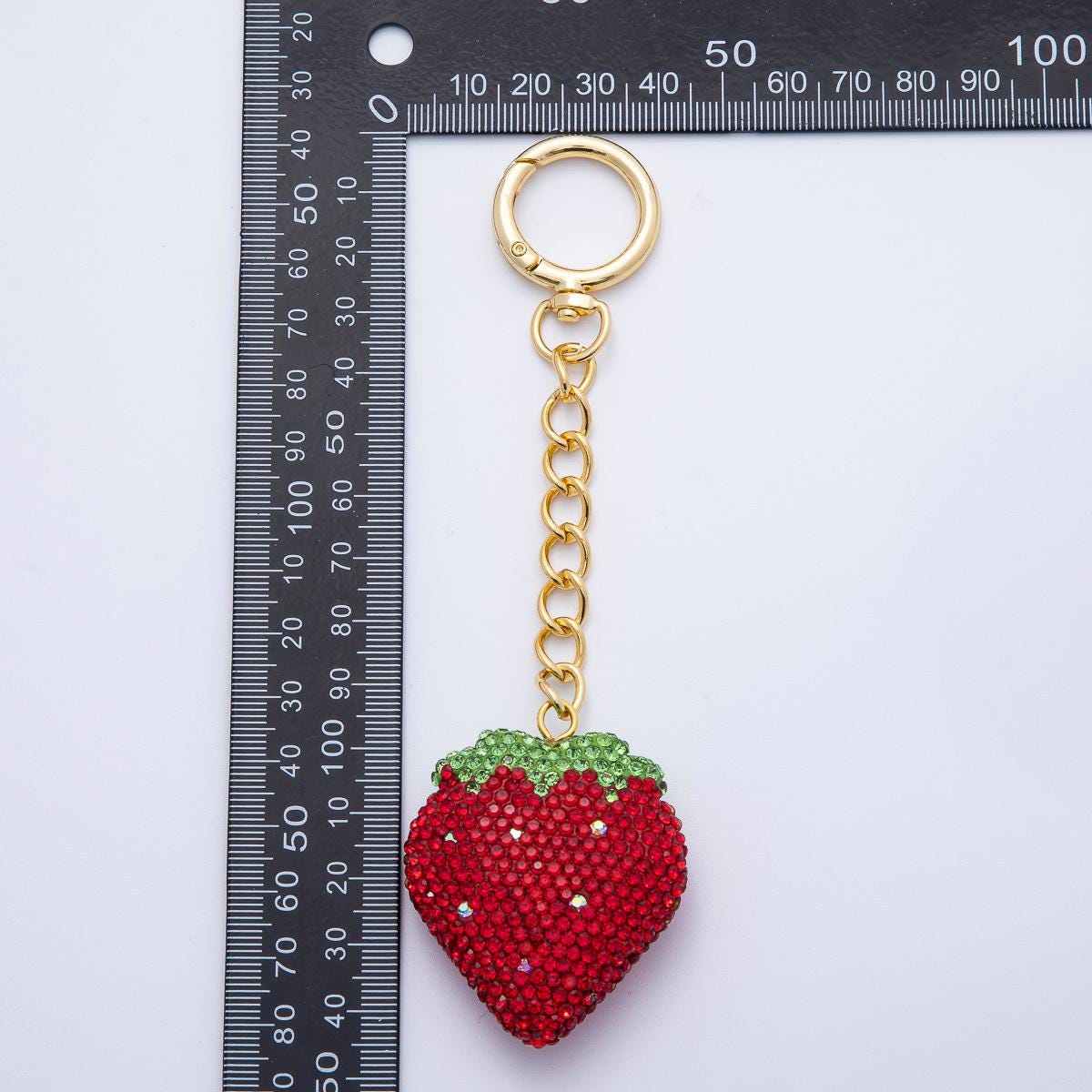 18K Gold Filled Strawberry Bedazzled Bag Crystal Charm Keychain Push Gate Sparkly Fruit Accessories Shimmering Crystal Detail | WB-00248