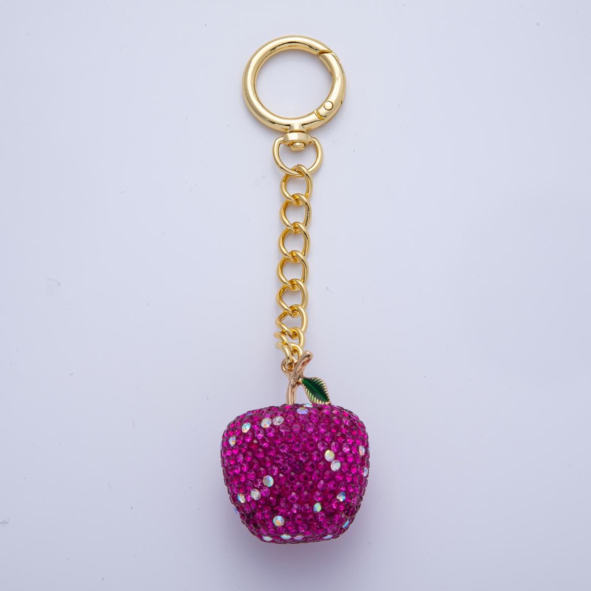 18K Gold Filled Apple Bedazzled Bag Crystal Charm Keychain Push Gate Accessories Luxury Style Finding Gift Idea | WB-00268