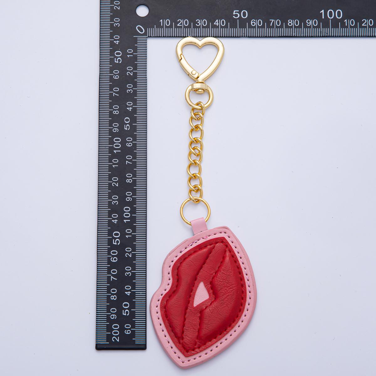 18K Gold Filled Red Lip Faux Leather Bag Charm Keychain Heart Push Gate Key Ring Accessories Fun Pop Art Style Fashion Gift | WB-00235