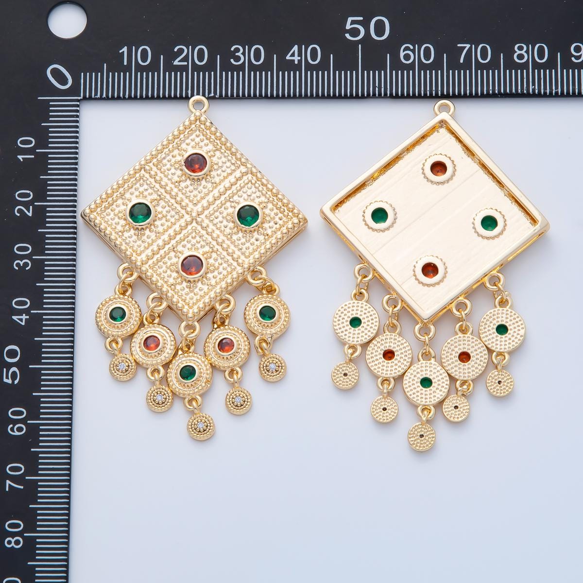 18K Gold Filled 64mm Multicolor CZ Artisan Dotted Rhombus Round Drop Charm | AF1417