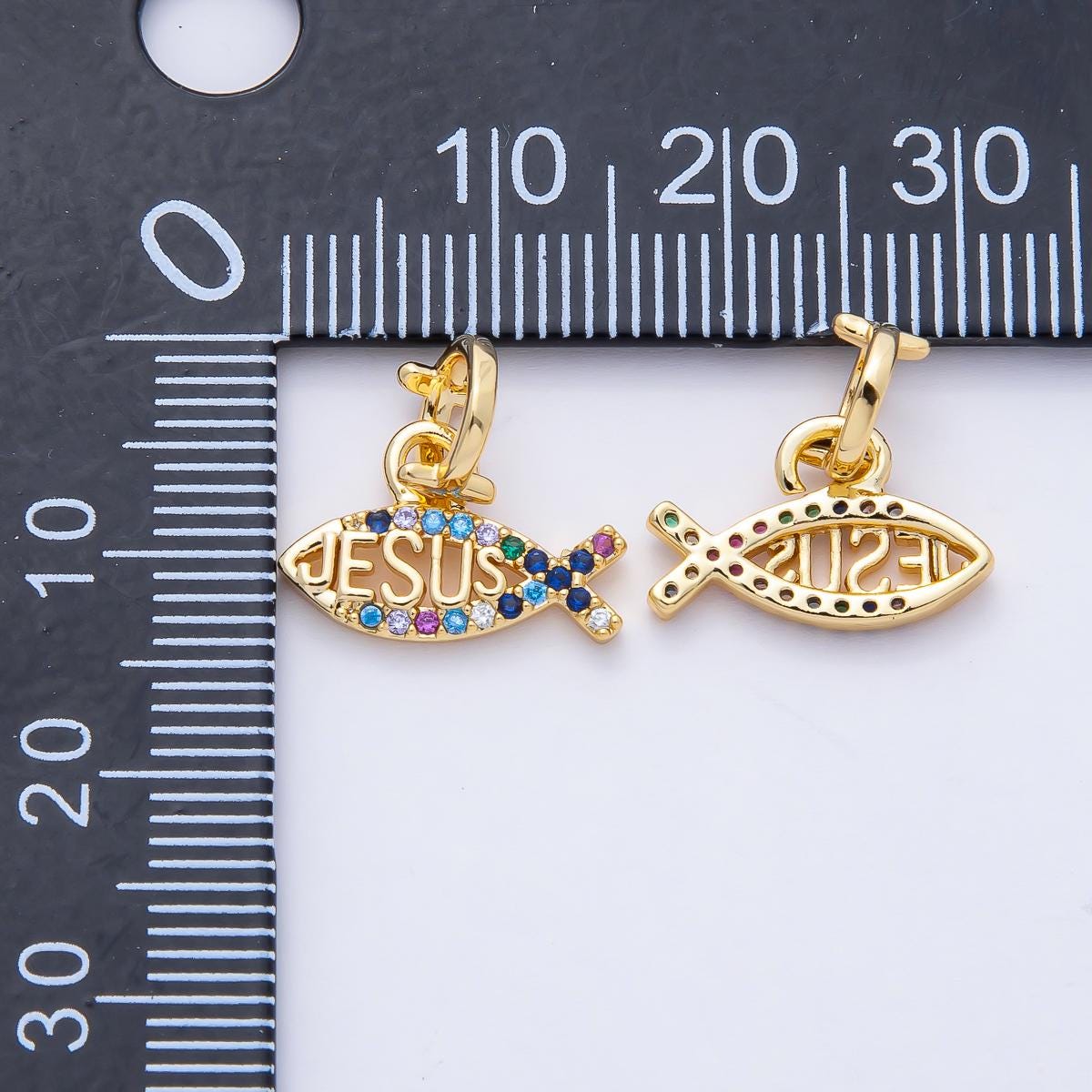 18K Gold Filled 14.8mm Ichthys Jesus Fish Religious Christian Multi Color CZ Charm Bracelet Necklace for DIY Jewelry Making Supply | AF1464