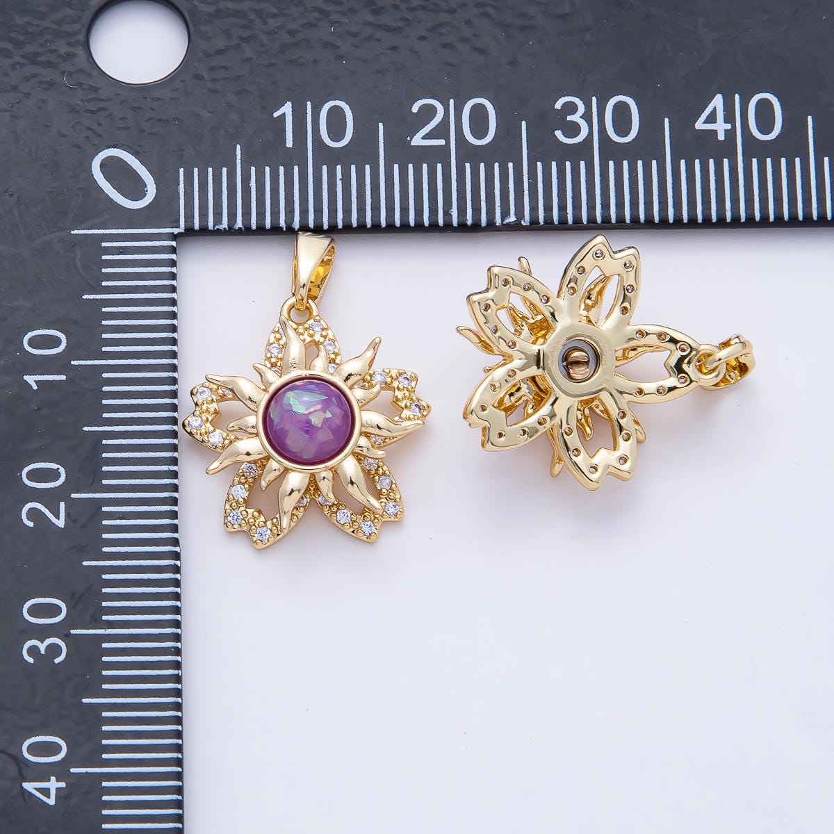 18K Gold Filled 18.2mm Spinning Rotating Majestic Purple Opal Sun Flower Pendant Charm DIY Jewelry Making Supply Bracelet Necklace | AF1170