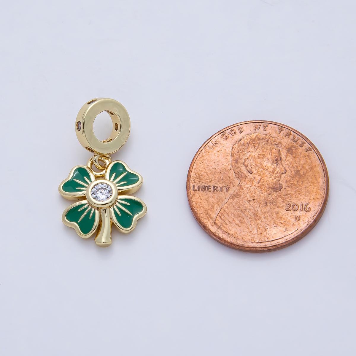 18K Gold Filled Clear CZ Green Enamel Clover Dotted Rondelle Drop Lucky Pendant DIY Dangle Jewelry for Necklace Bracelet Earring | AF1475