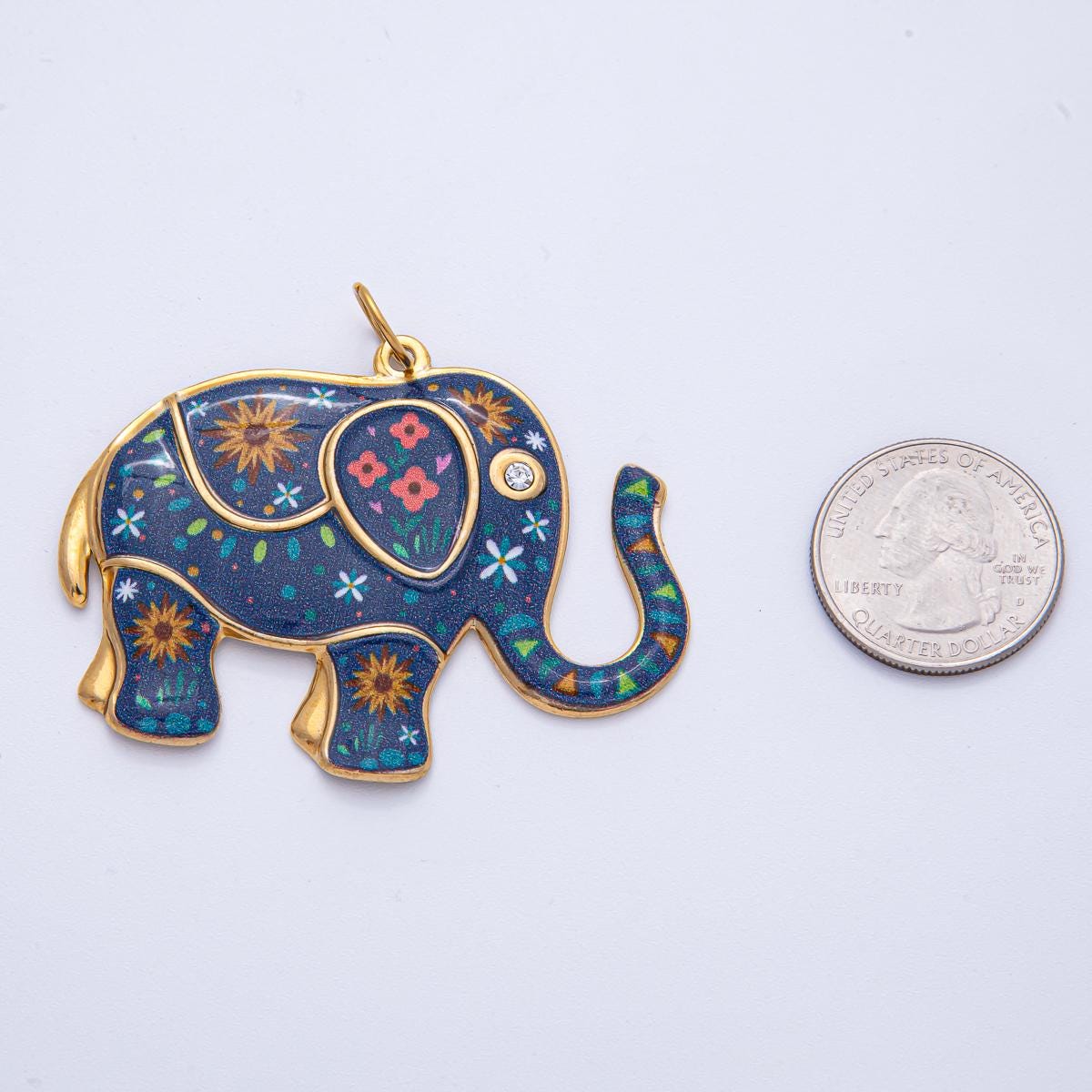 Big Gold Stainless Steel 45.8mm Blue Flower Enamel CZ Elephant Statement Charm Vibrant Art DIY Jewelry Making Supply Necklace Earring | J898