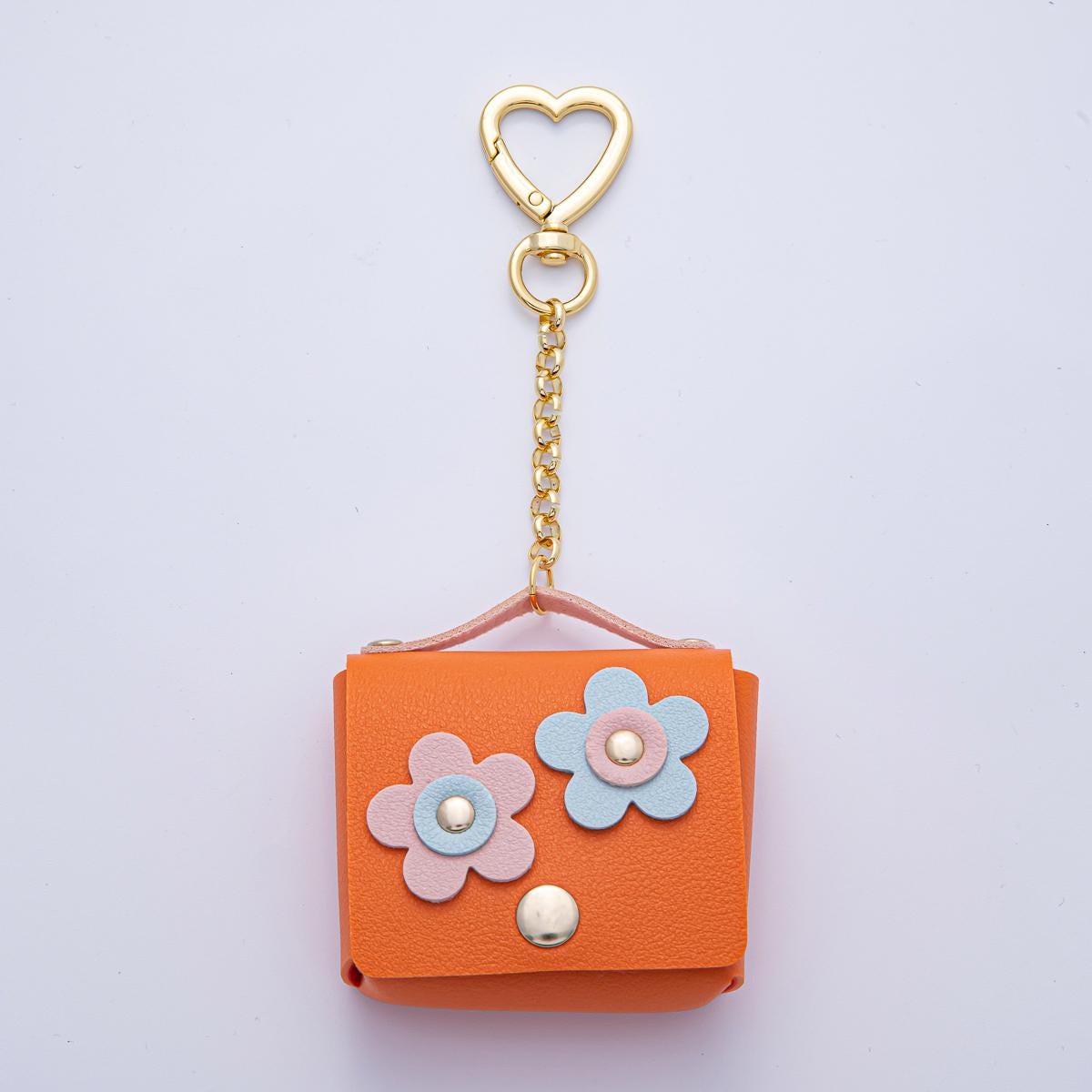18K Gold Filled Pink Blue Orange Ear Bud Case Bag Charm Heart Push Gate Keychain with Floral Design Mini Purse DIY Jewelry Making | WB-00236