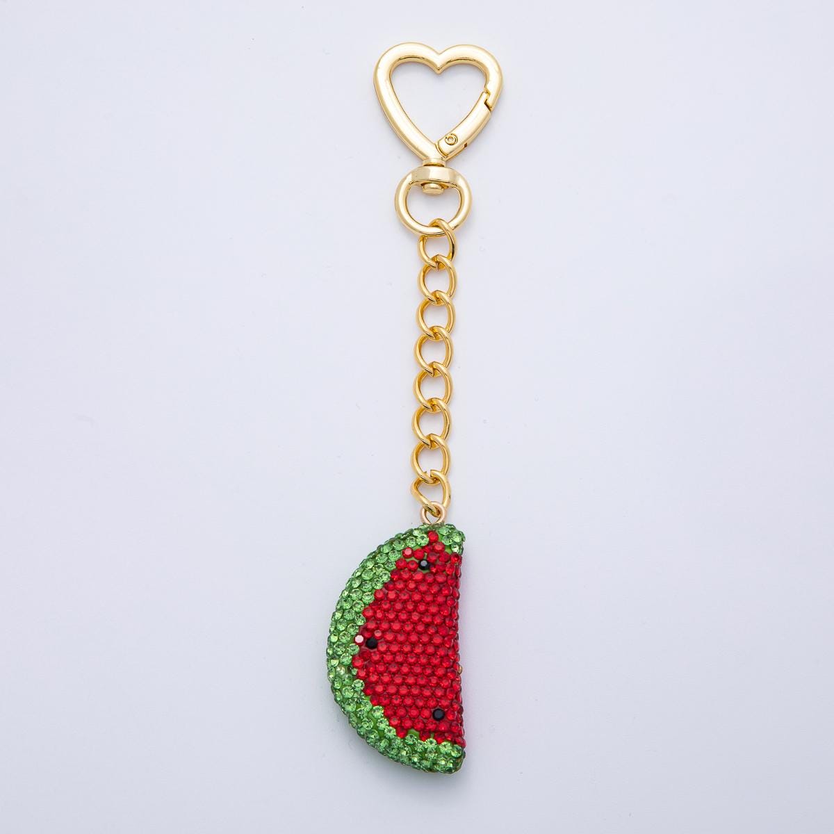 18K Gold Filled Watermelon Bedazzled Bag Crystal Charm Keychain Push Gate Sparkly Fruit Accessories Shimmering Crystal Detail | WB-00239