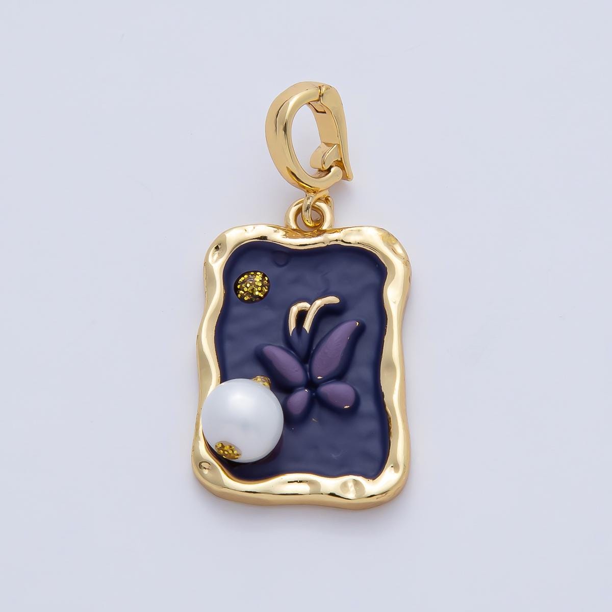 18K Gold Filled 24.6mm Blue and Purple Enamel Butterfly Mariposa Animals with White Shell Pearl Pendant Charm DIY Jewelry Making | AF1193
