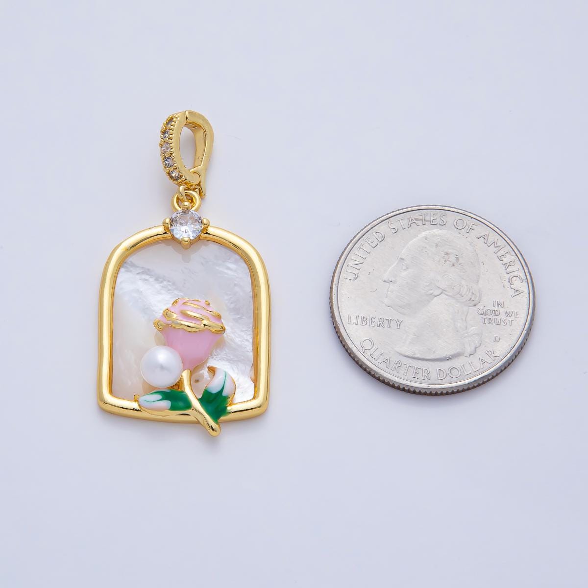 18K Gold Filled 31mm Pink Blooming Rose Flower White Shell Pearl Window Frame Pendant Charm DIY Jewelry Supply Custom Necklace | AF1196