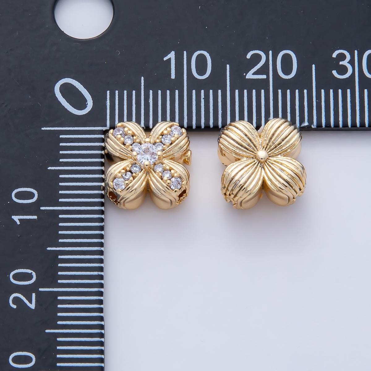 16K Gold Filled 7mm Quatrefoil Line-Patterned Clover Micro Pave Clear CZ Bead | B-535