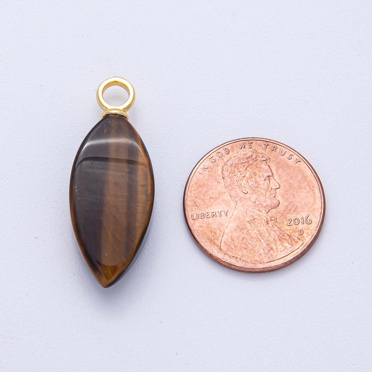 18K Gold Filled 30.3mm Tiger Eye Gemstone Navette Sphere Drop Charm Earth Toned DIY Jewelry Supply Finding for Necklace | AK-052