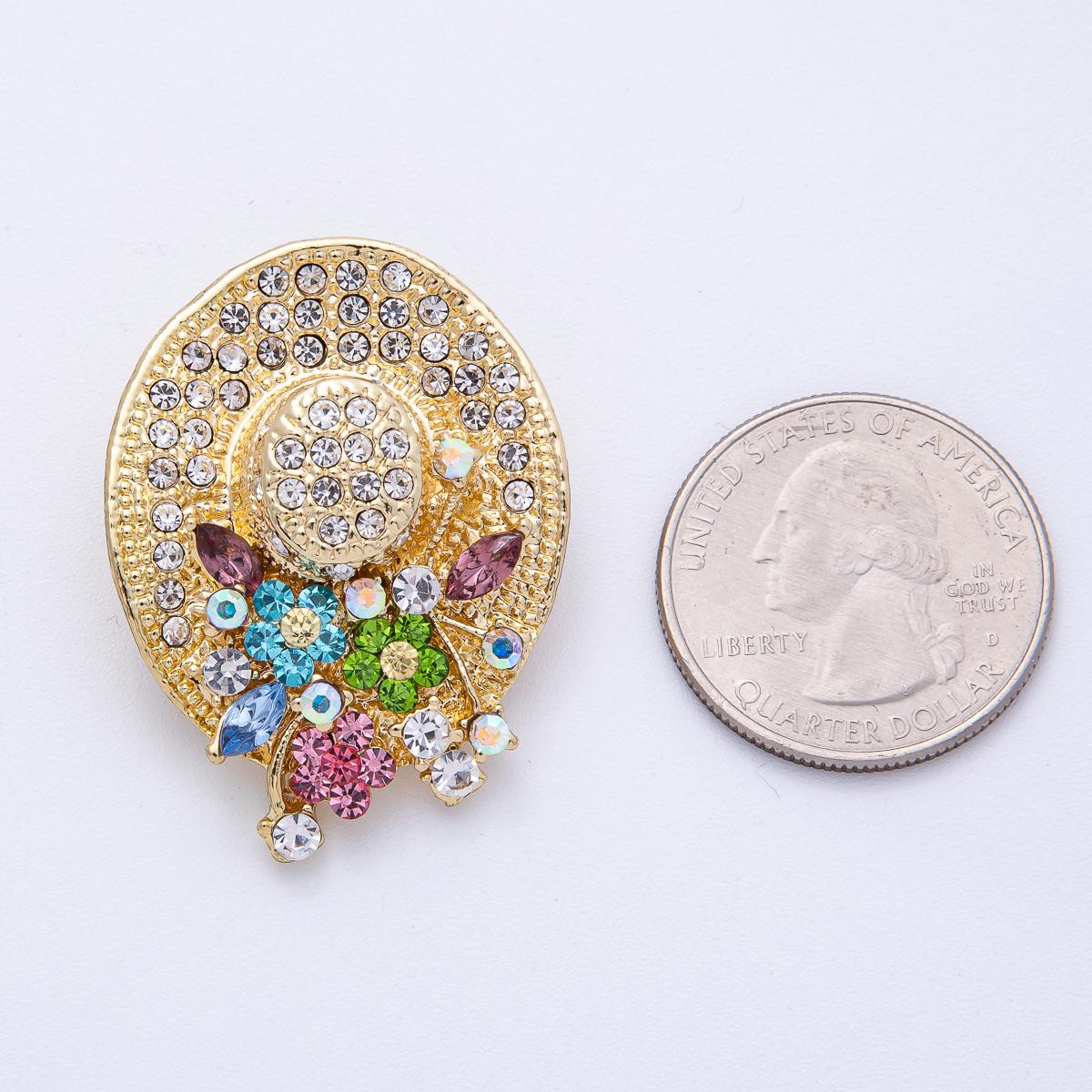 18k Gold Filled 37.7mm Micro Paved CZ Cowboy Hat with Multicolor Floral Crystals Aesthetic Pin for Coats Bags Scarves Jewelry | BH010