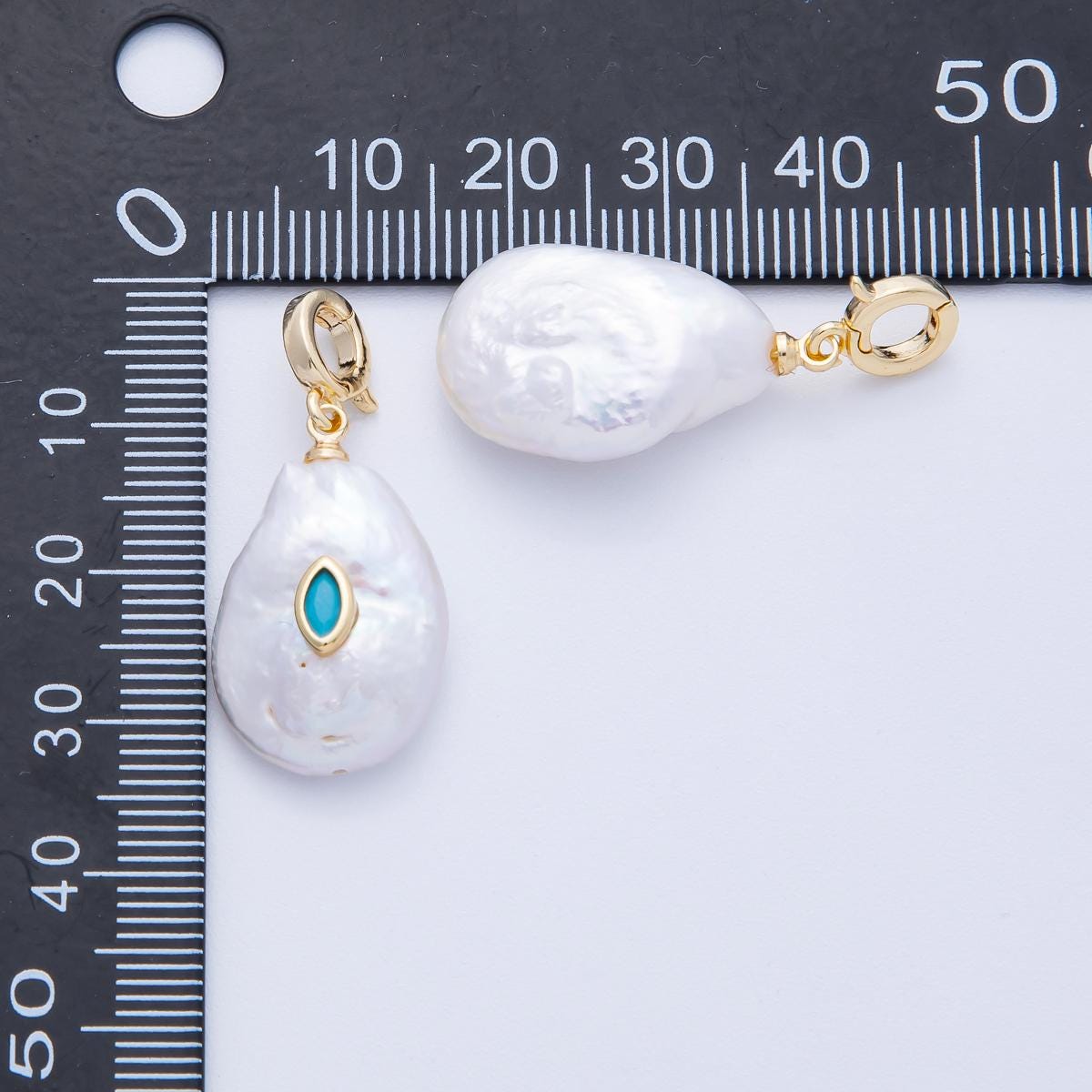 18k Mini White pearl charms With Turquoise Green CZ pendants dainty charm necklace pendant 15 mm pearl drop with bail enhancer | AF-641