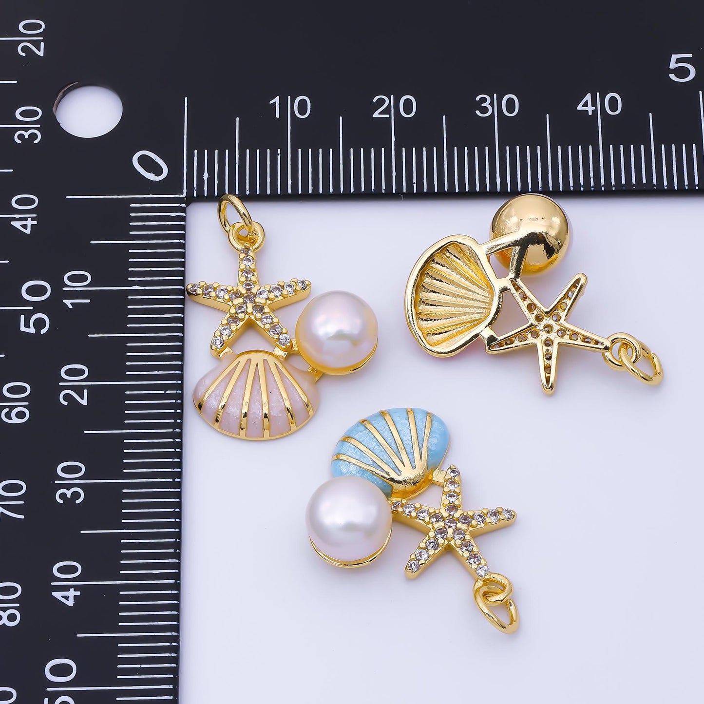Dainty 24k Gold Filled Starfish & Pearl Enamel Seashell Charm 22.8mm Ocean Beach Jewelry Making Supply Summer Vacation Accessory | AF1588