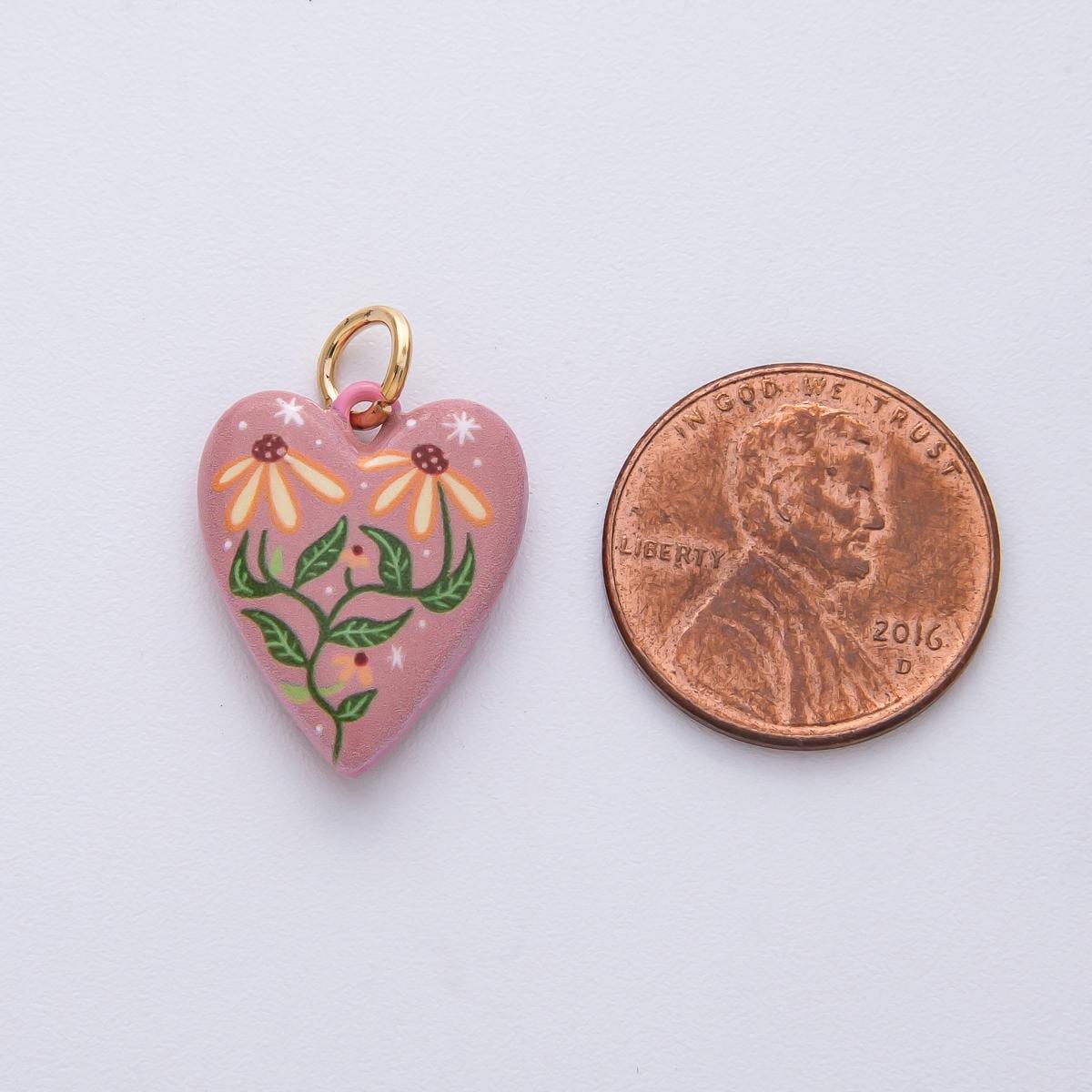 19.5mm Ceramic Heart Charm 18k with Floral Painting Double Sided DIY for Necklace Bracelet Jewelry Making Supply | AF1617