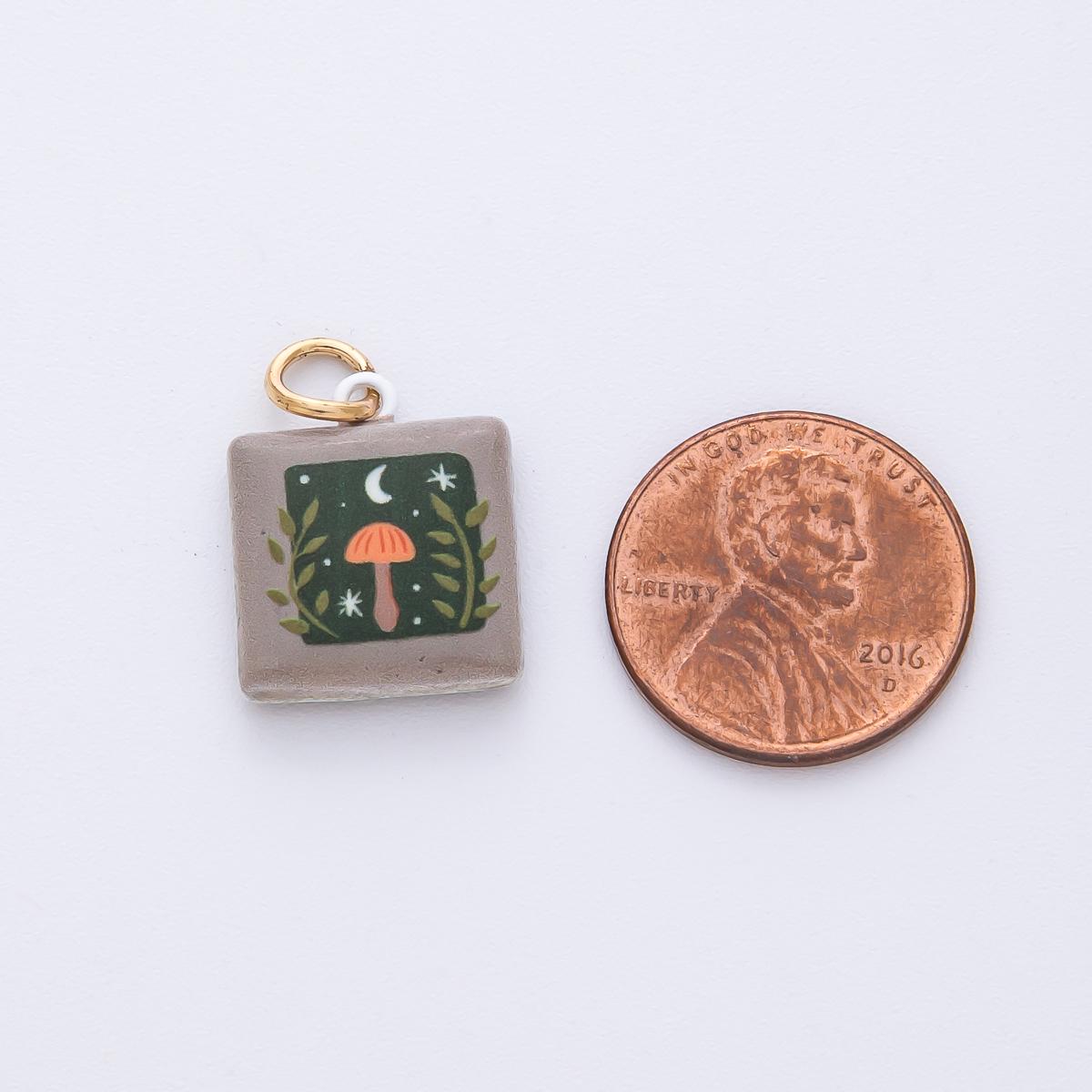 17.8mm Square Ceramic Charm Mushroom in the Night 18k Pendant DIY Jewelry Supply for Custom Necklace and Bracelet | AF1618