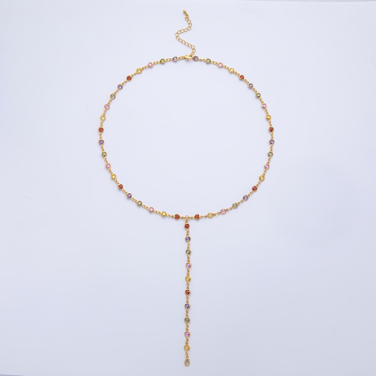 18K Gold Filled Lariat Necklace Clear, Multi Color Heart CZ Necklace, Minimalist Jewelry Long Gold Necklace 17.8 inch for Valentine WA-3967