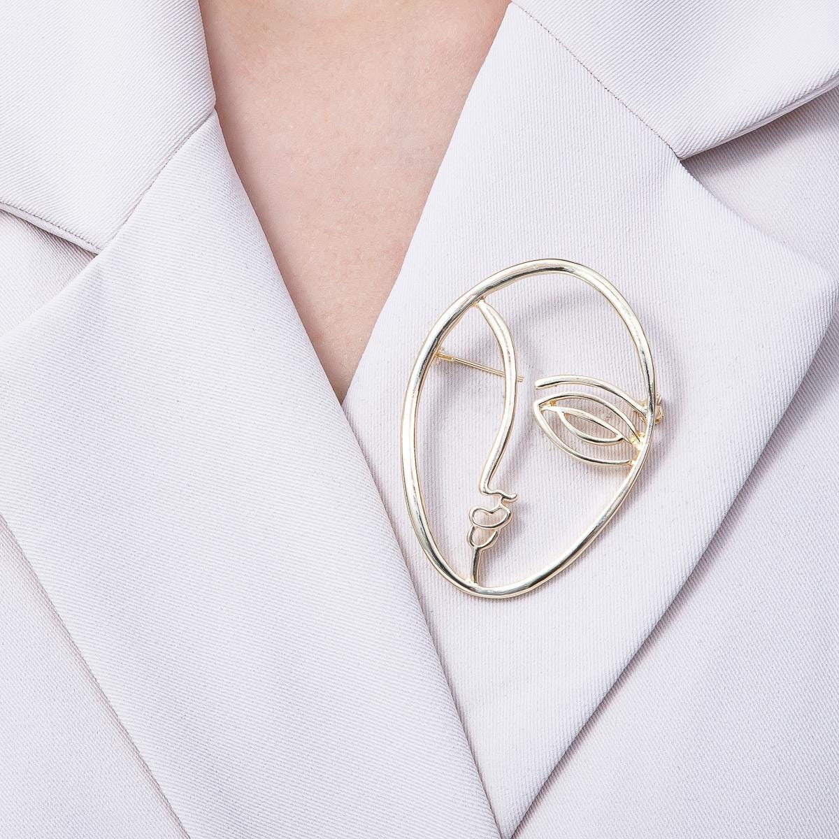 Gold Minimalist Face Pin Brooch Modern Abstract Face Woman Modern Artistic Statement Jewelry Accessory Gift for Her | BH-066