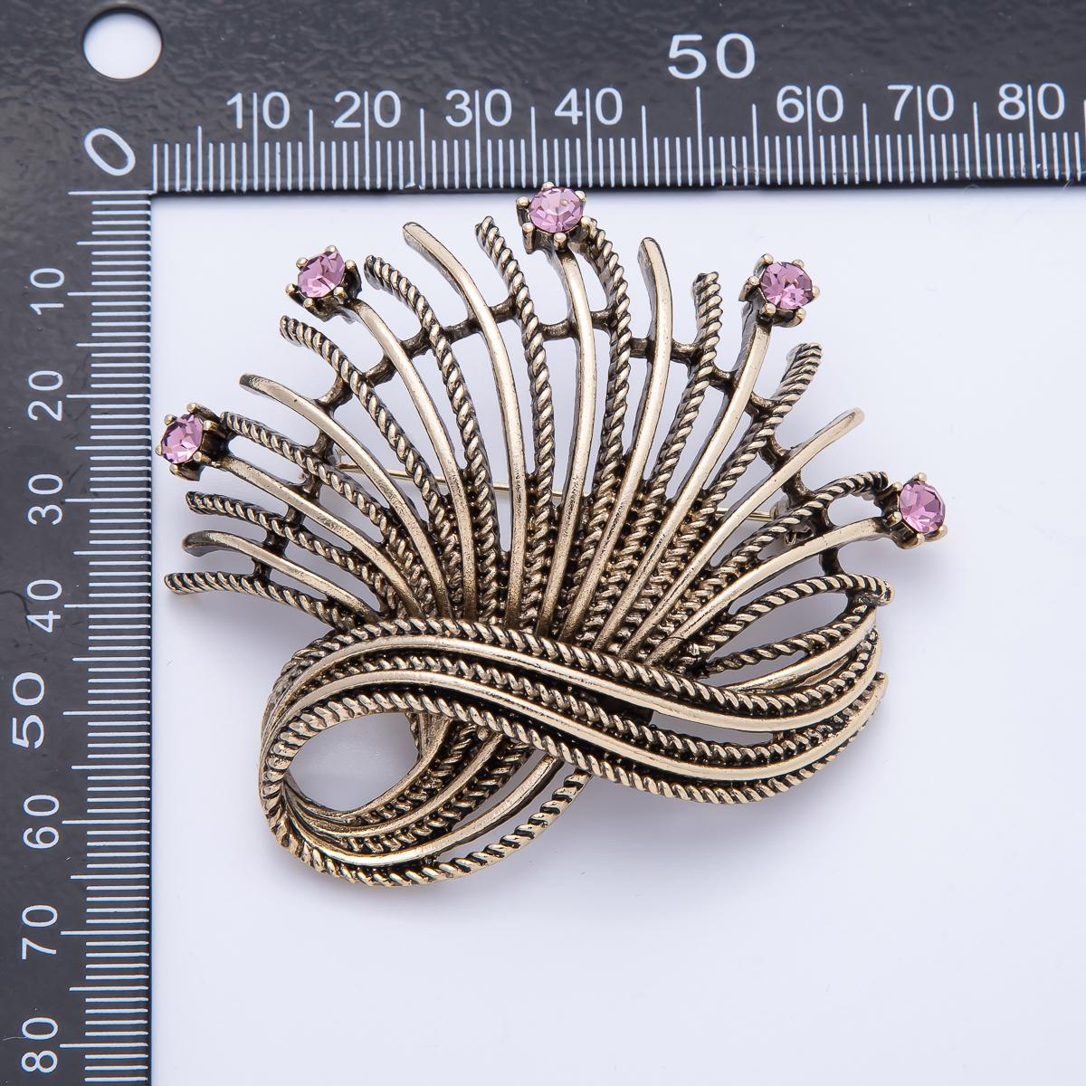 Vintage Silver 68mm Pink Rhinestone Curved Geometric Pin Brooch Mid Century Harvest Pin Accessory for Coats Bags and Scarves | BH-079