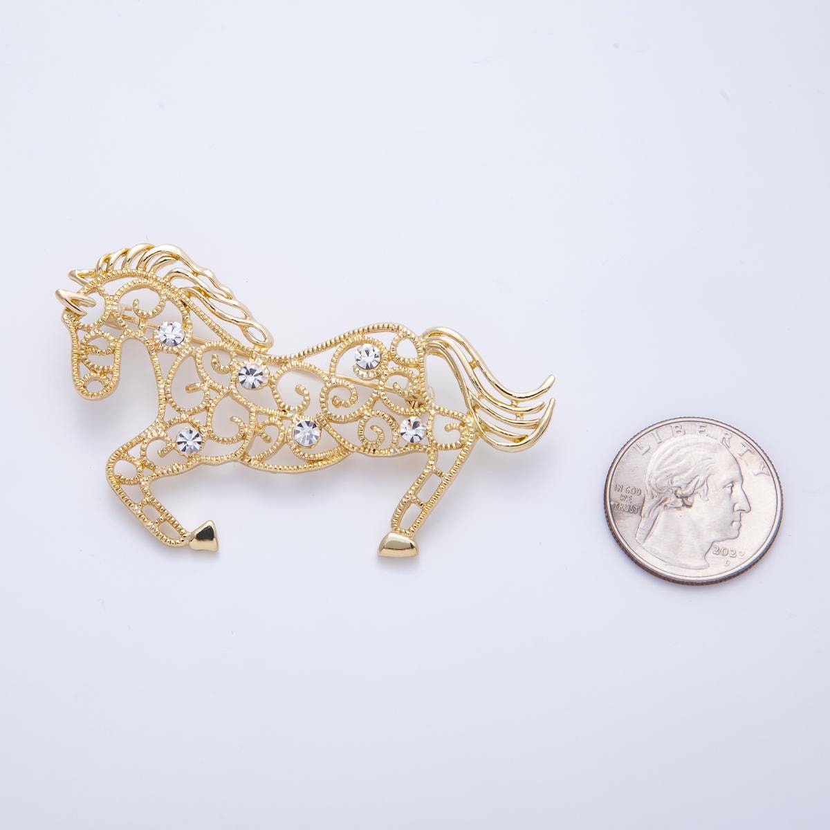 70.2mm Gold Filigree Horse Brooch with Clear Rhinestones Equestrian Jewelry Gift for Her Vintage Style Animal Lapel Pin | BH021