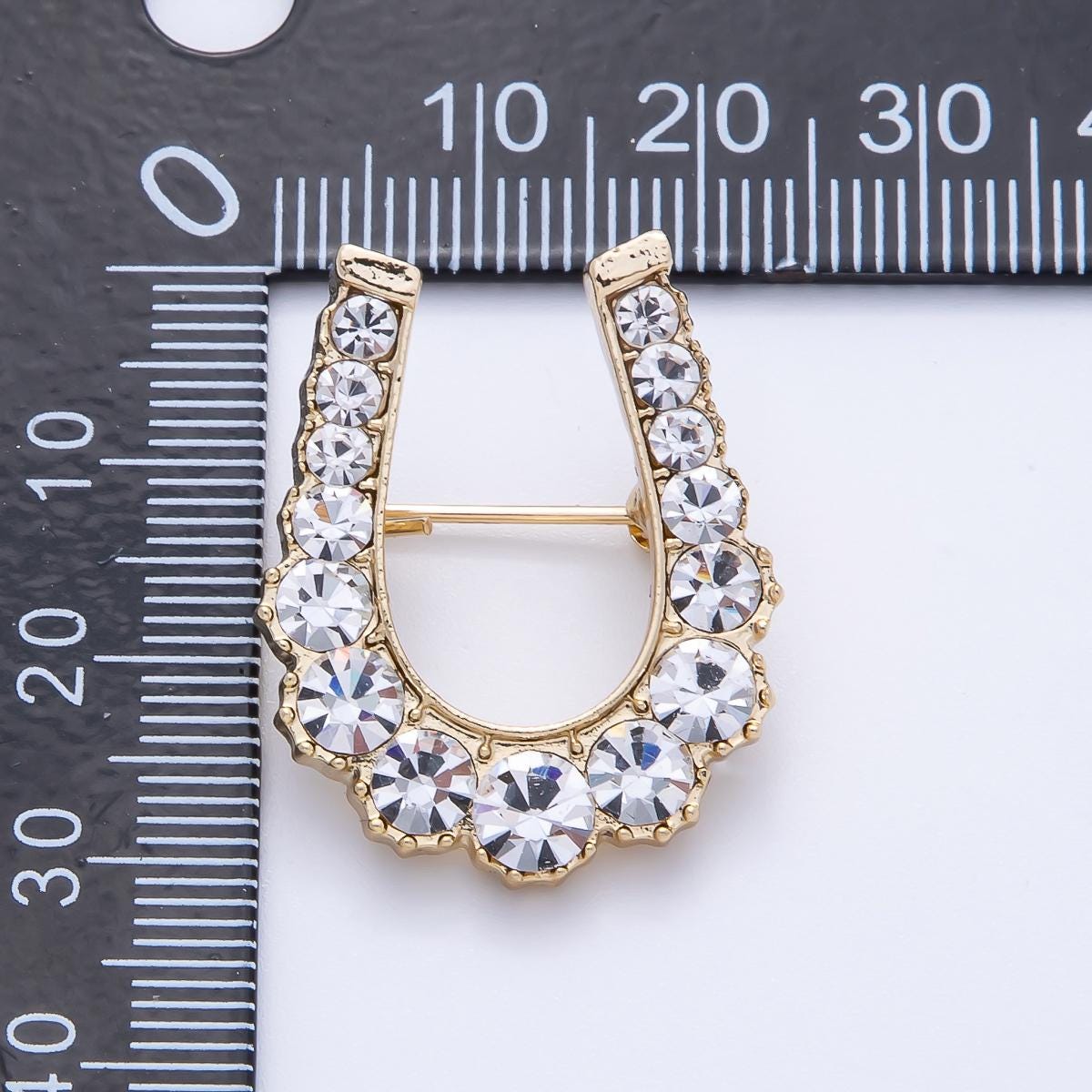 Gold Horseshoe Brooch Pin with Clear Rhinestones Good Luck Charm Pin Equestrian Gift Fashion Jewelry Accessory for Coats Bags | BH-043