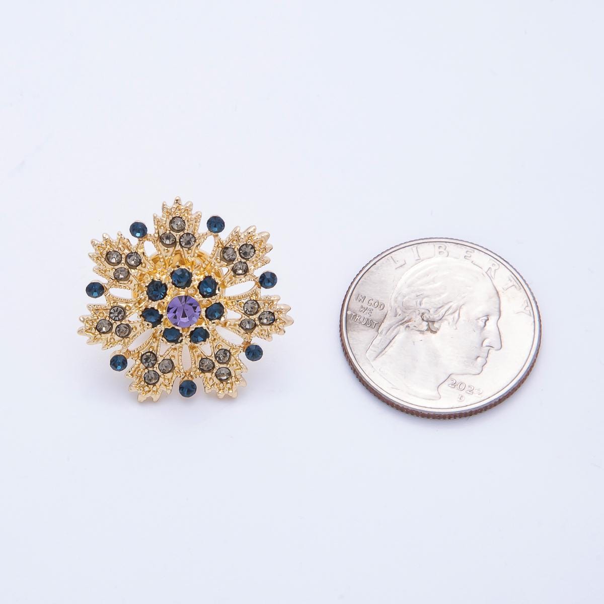 Vintage Style Gold Snowflake Brooch with Blue and Purple Rhinestones Unique Winter Jewelry Accessory for Coats Bags and Scarves | BH-042