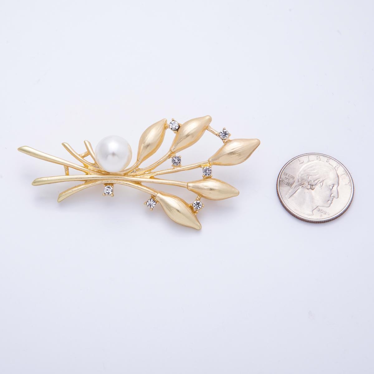 75.4mm Gold Leaf Brooch with Faux Pearl and Rhinestones Elegant Lapel Pin Nature lover gift for her Accessory for Coat Bags Scarves | BH-029