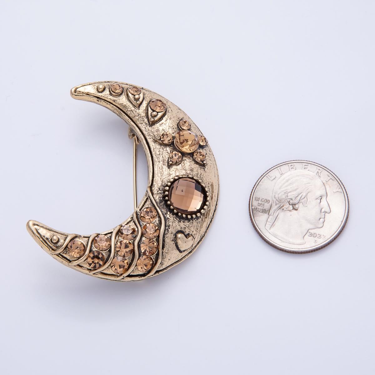 Big Antique Gold Crescent Moon Brooch Pin Vintage Celestial Lapel Pin Statement Brooch With Rose Gold Crystal Rhinestone BH-081