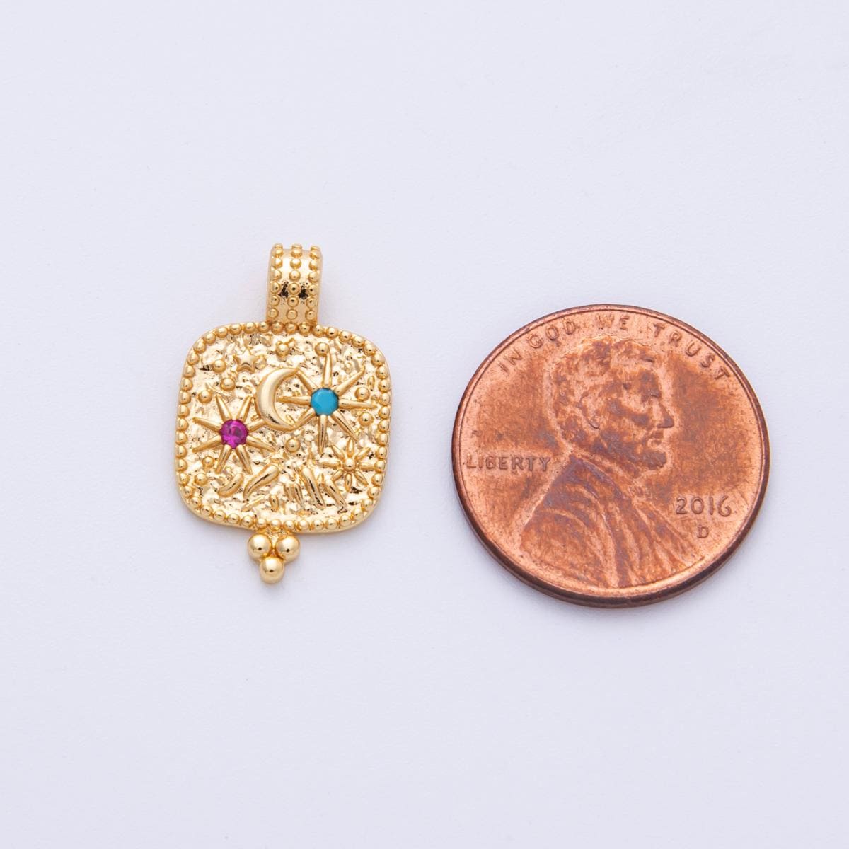 14K Gold Filled 20.8mm Colorful Moon And Star CZ Celestial Textured Pendant Artisan Jewelry Supply for custom Necklace | Pendants-100102