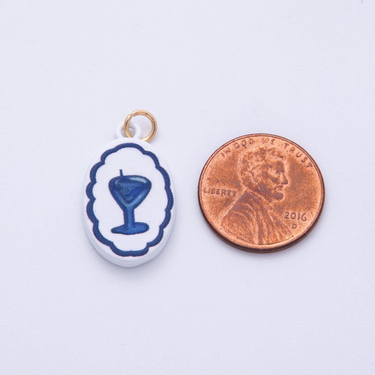 18K Gold Filled 23mm Blue-White Martini Alcohol Drink Glass Oval Charm Enamel Painted Cocktail Pendant DIY Jewelry Making Supply | AF-1590