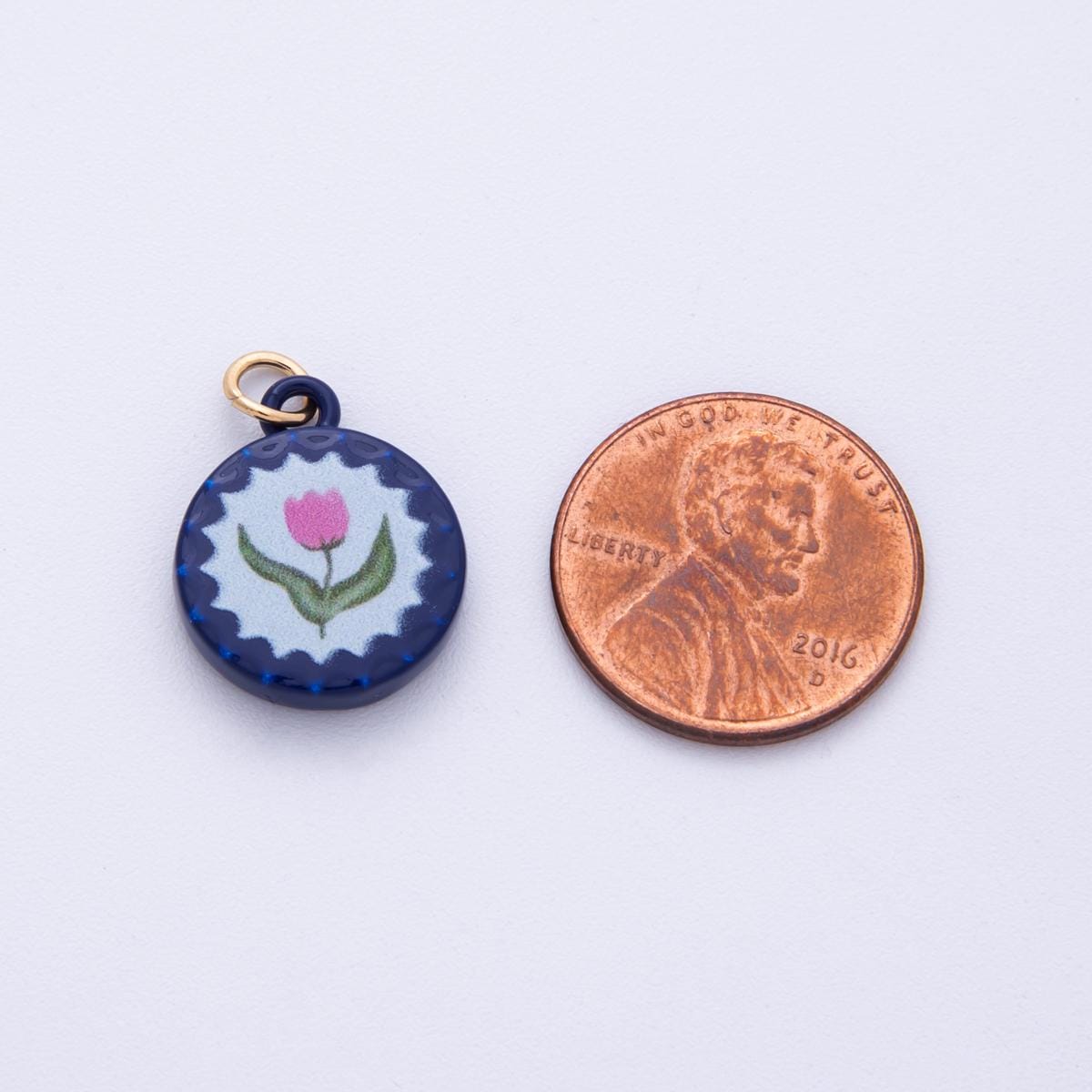 18K Gold Filled 18mm Pink Rose Flower Blue Round Charm Dainty Tulip Floral Enamel Pendant DIY Jewelry Supply for Necklace | AF1615