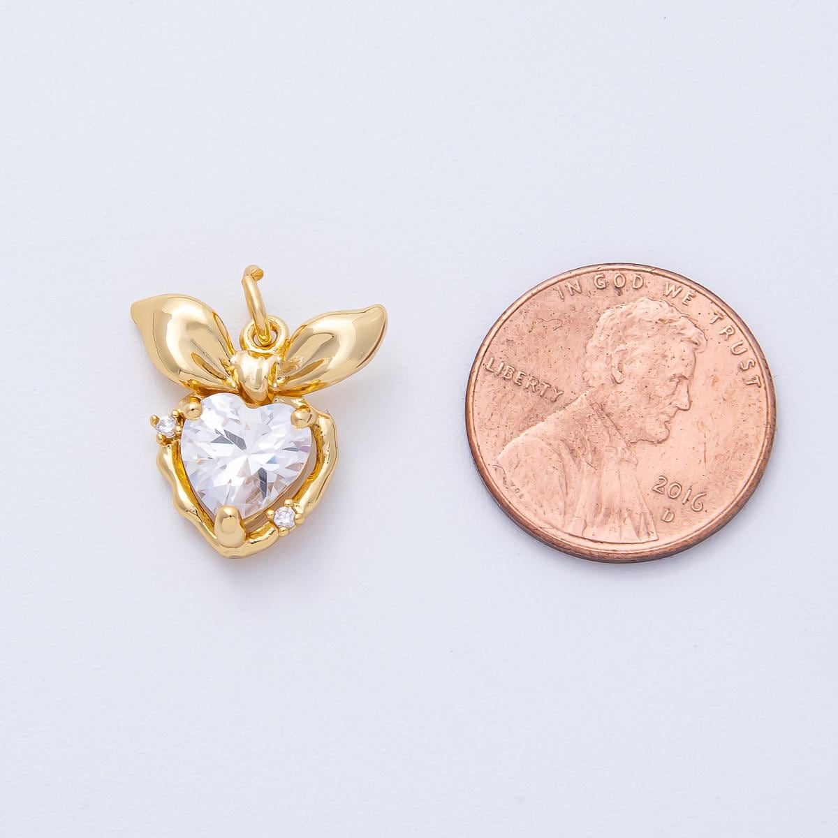 18K Gold Filled 16mm Clear CZ Ribbon Bow Heart Charm Dainty Crystal Pendant DIY Jewelry Supply Finding for custom necklace | AK195