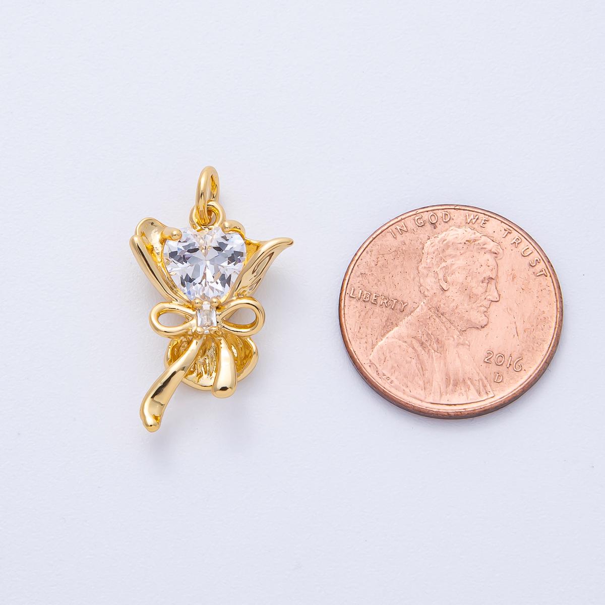 18K Gold Filled 22mm Clear Heart CZ Ribbon Flower Bouquet 3D Multidimensional Mini Charm Dainty Crystal Gift for Her | AK196