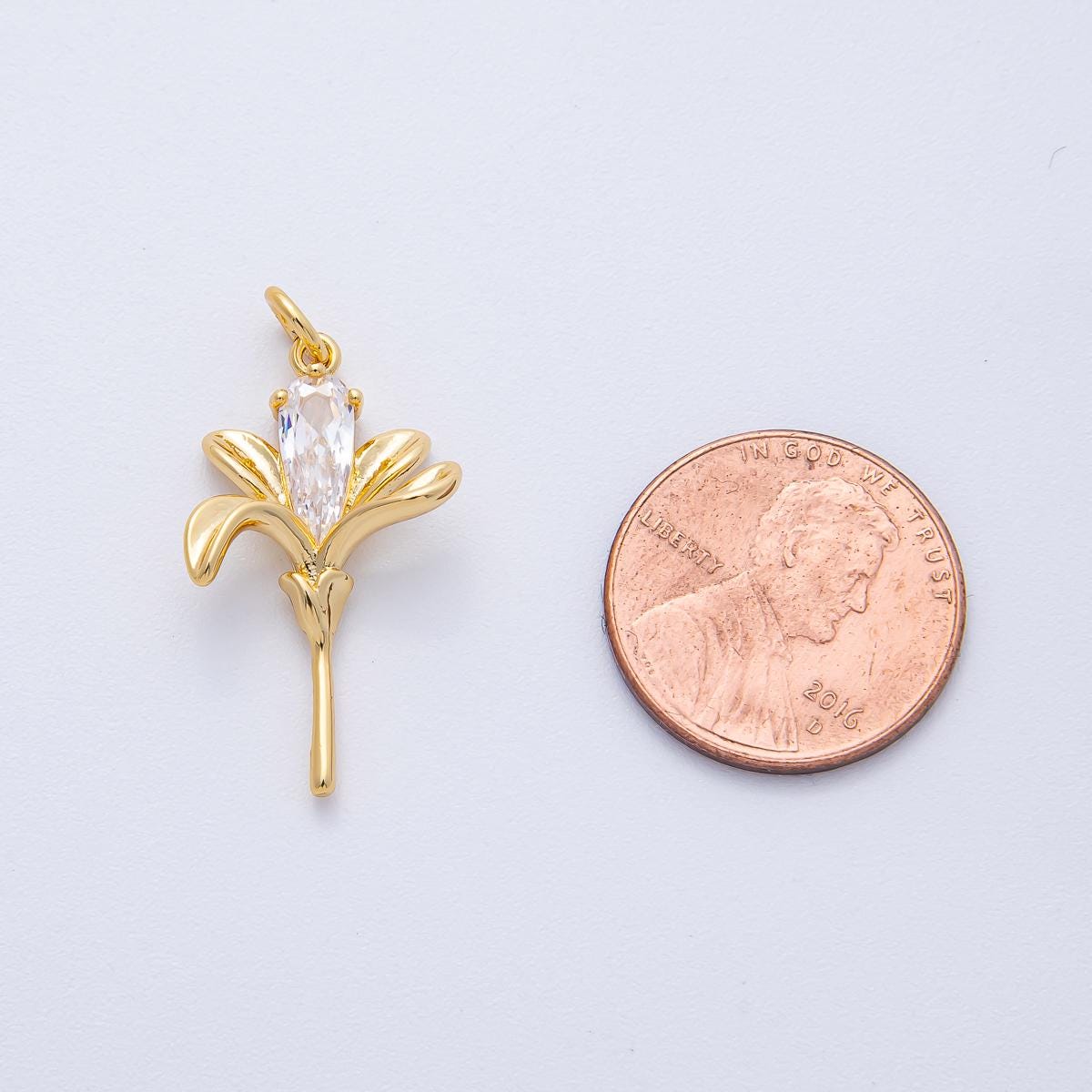 18K Gold Filled 26mm Clear Teardrop CZ Lily Flower Charm Elegant floral jewelry supply DIY for custom necklace or bracelet | AK198