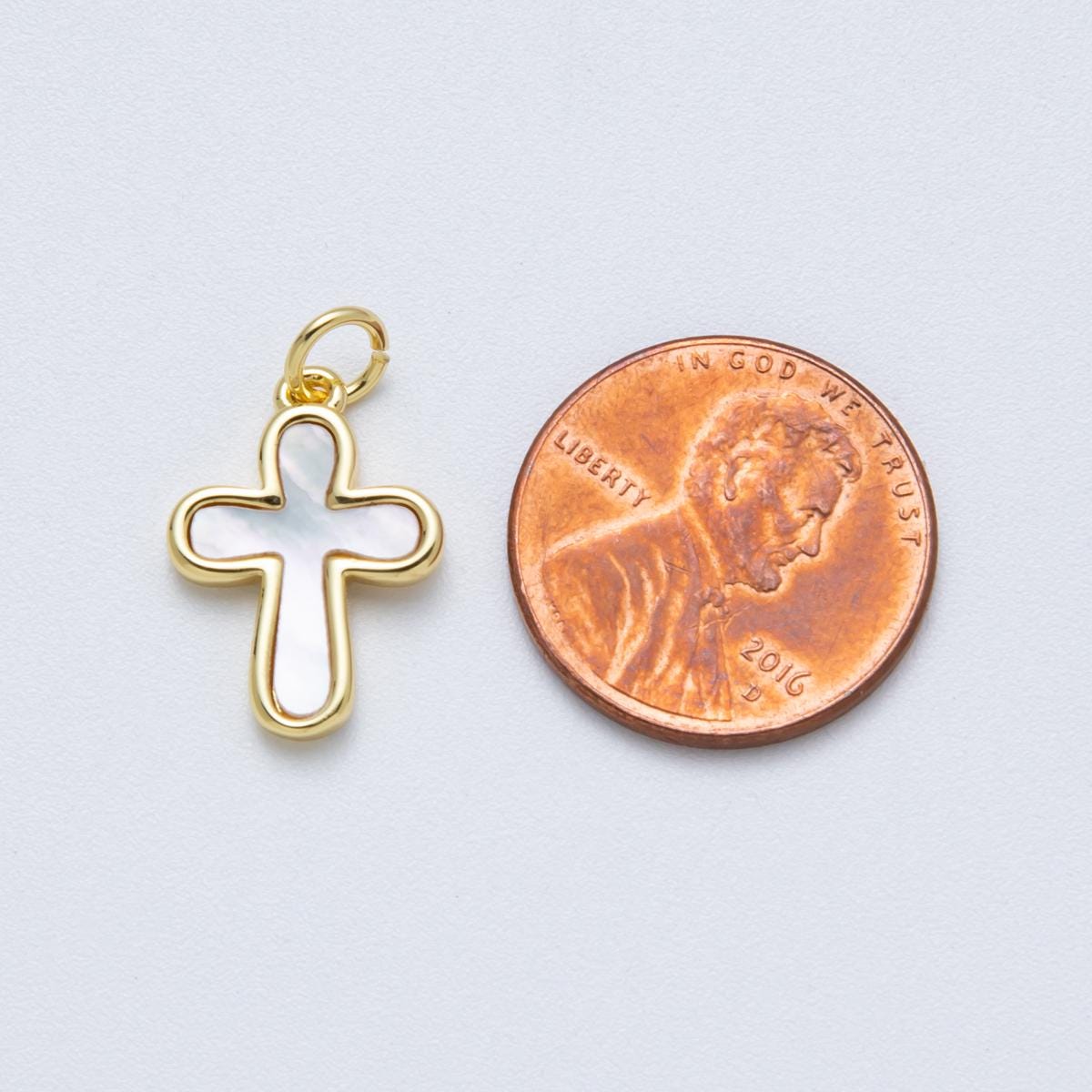 14K Gold Filled 17.2mm Shell Pearl Minimalist Religious Cross Charm Christian faith DIY Jewelry Supply for custom necklace | Charms-00040