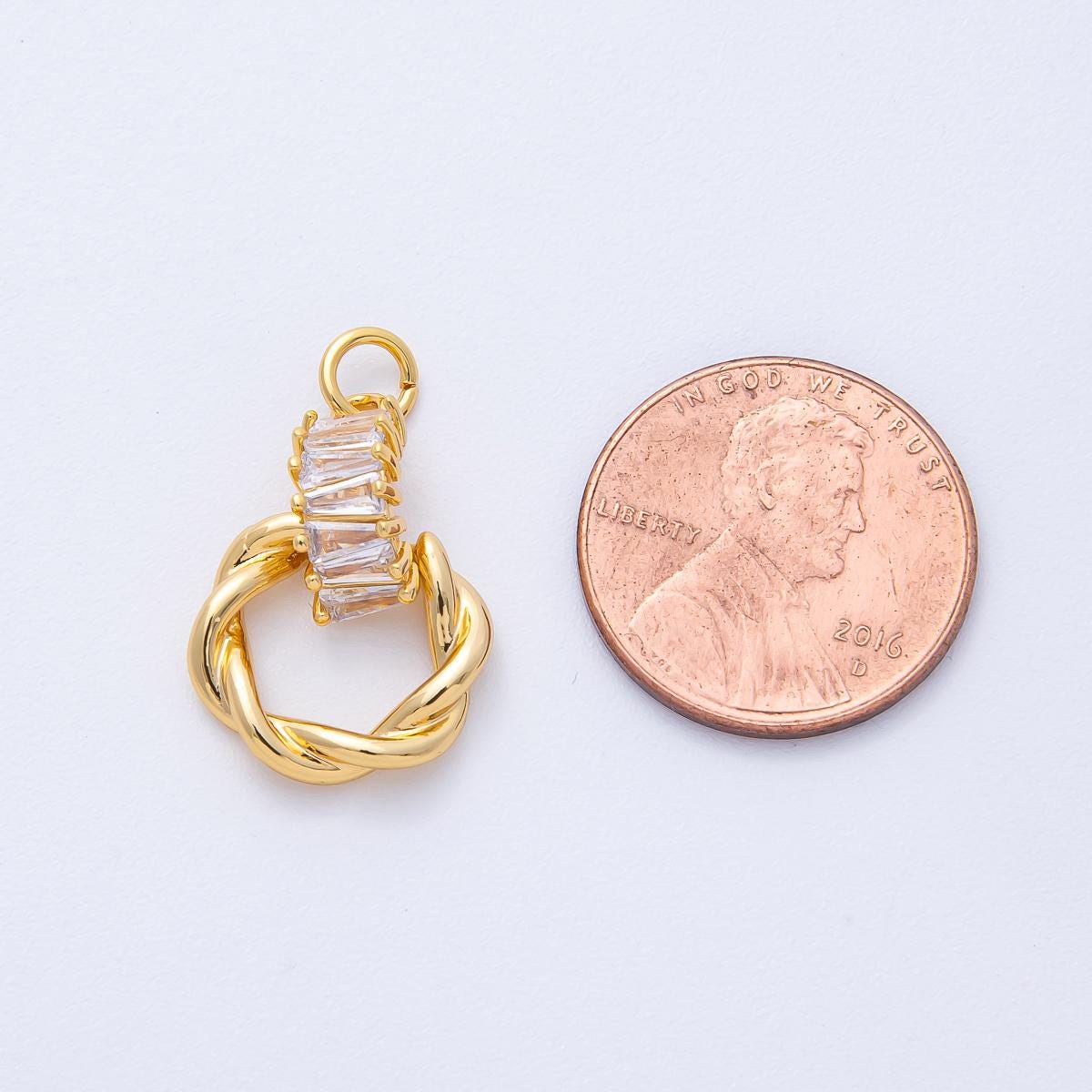 18K Gold Filled 20mm Clear Baguette CZ Twisted Round Drop Charm Interlocking Link Connector DIY Jewelry Supply for necklace | Charms-00049