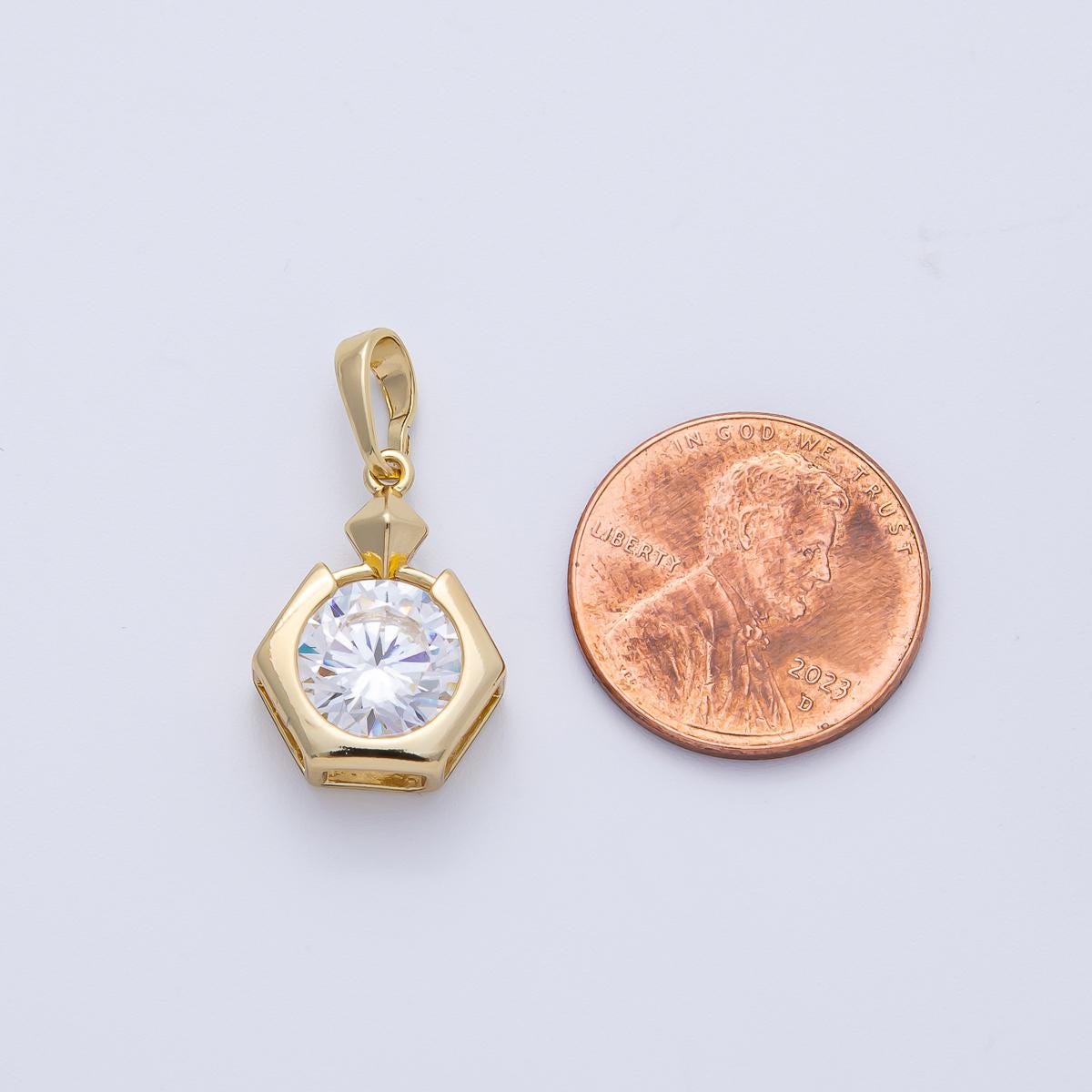 18.1mm 14k gold filled Hexagon Bezel Pendant Clear CZ Round Solitaire Charm Geometric DIY Jewelry Supply custom necklace | Pendants-100107