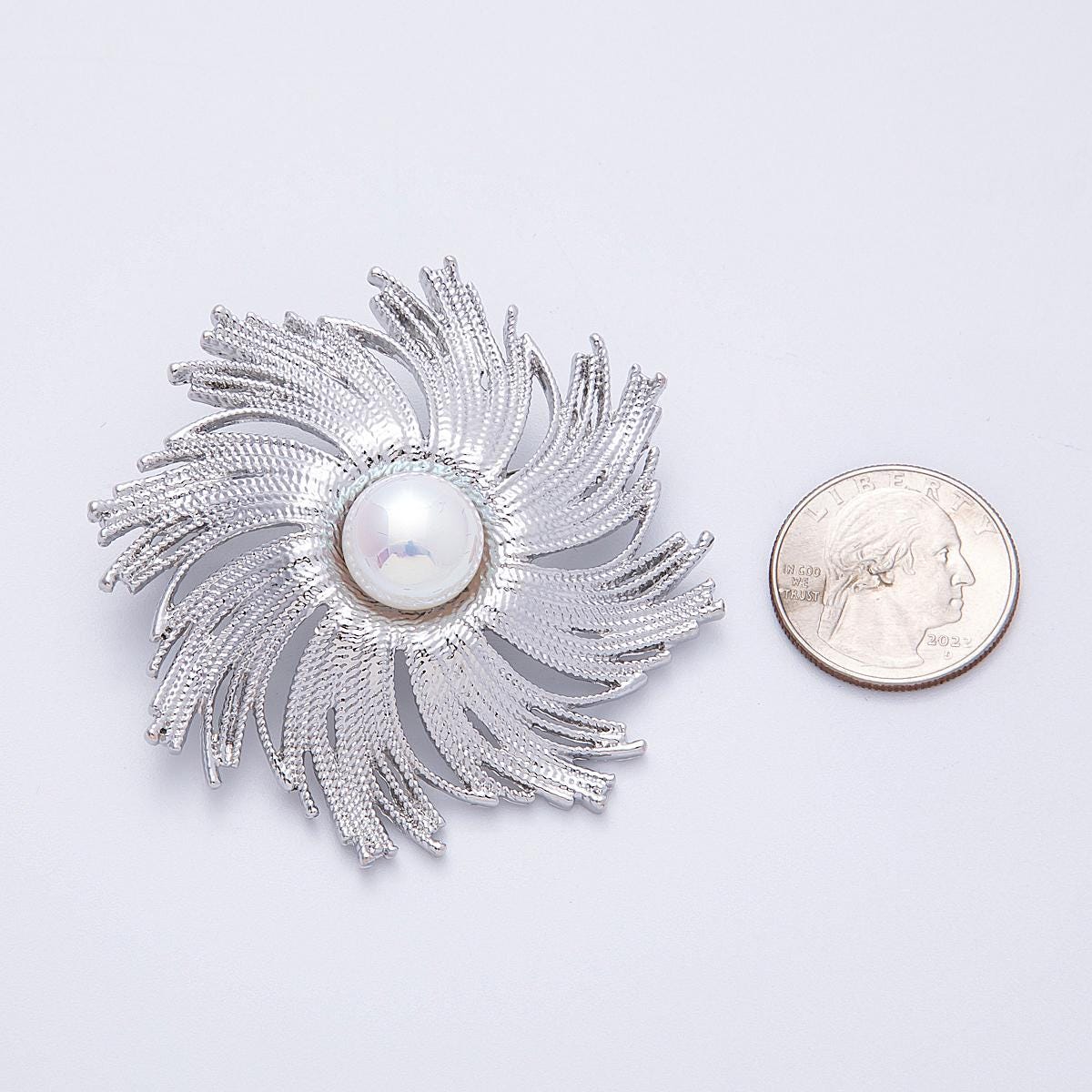 Silver 61.7mm x 59.3mm Shell Pearl Circular Celestial Sun Pin Brooch Silvery Starburst Statement Piece for Coats Bags Scarves | BH-097
