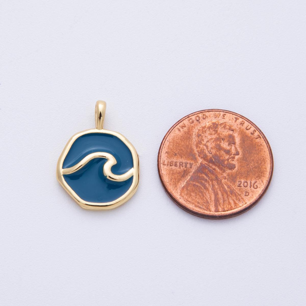 14K Gold Filled 18.7mm Blue Ocean Sea Round Pendant Enamel Wave Charm Minimal Beach Gift DIY Jewelry Making Supply | Charms-00099