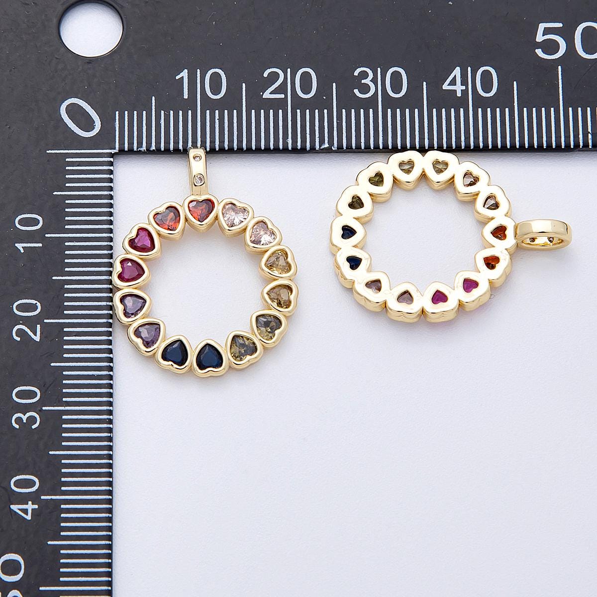 16k gold filled 26mm Colorful Rainbow heart CZ circle pendant vibrant gemstone jewelry gift for her DIY Jewelry Supply | CHARMS-00124