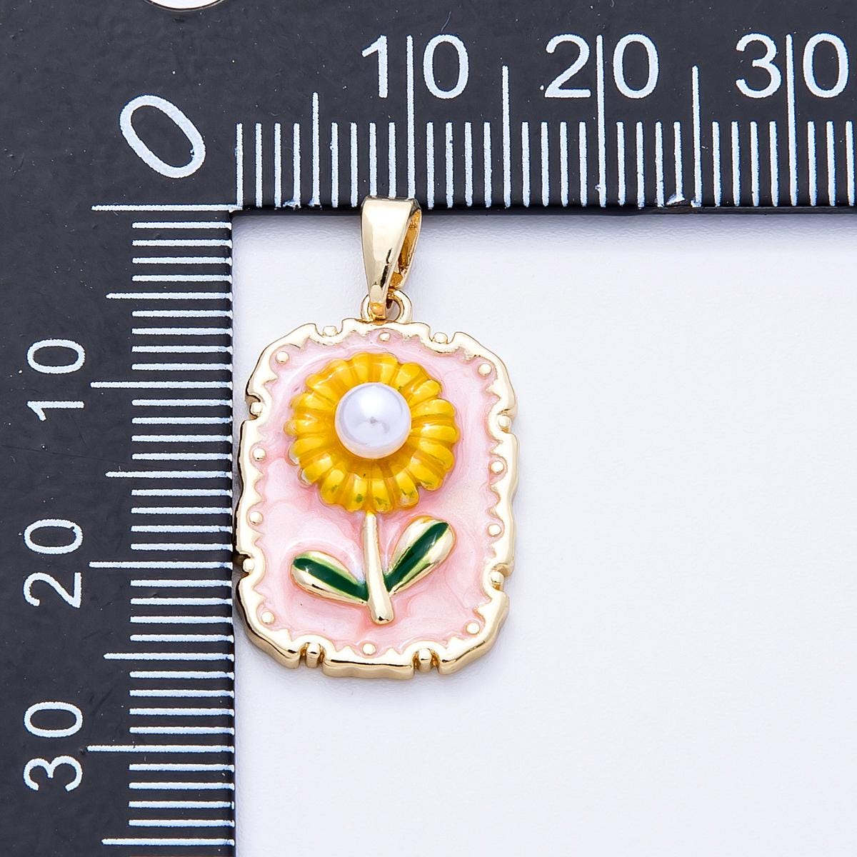 18k Gold Filled Sun Flower Charm, Enameled Flower Pendant Pearl Necklace Accessories Charms-00149
