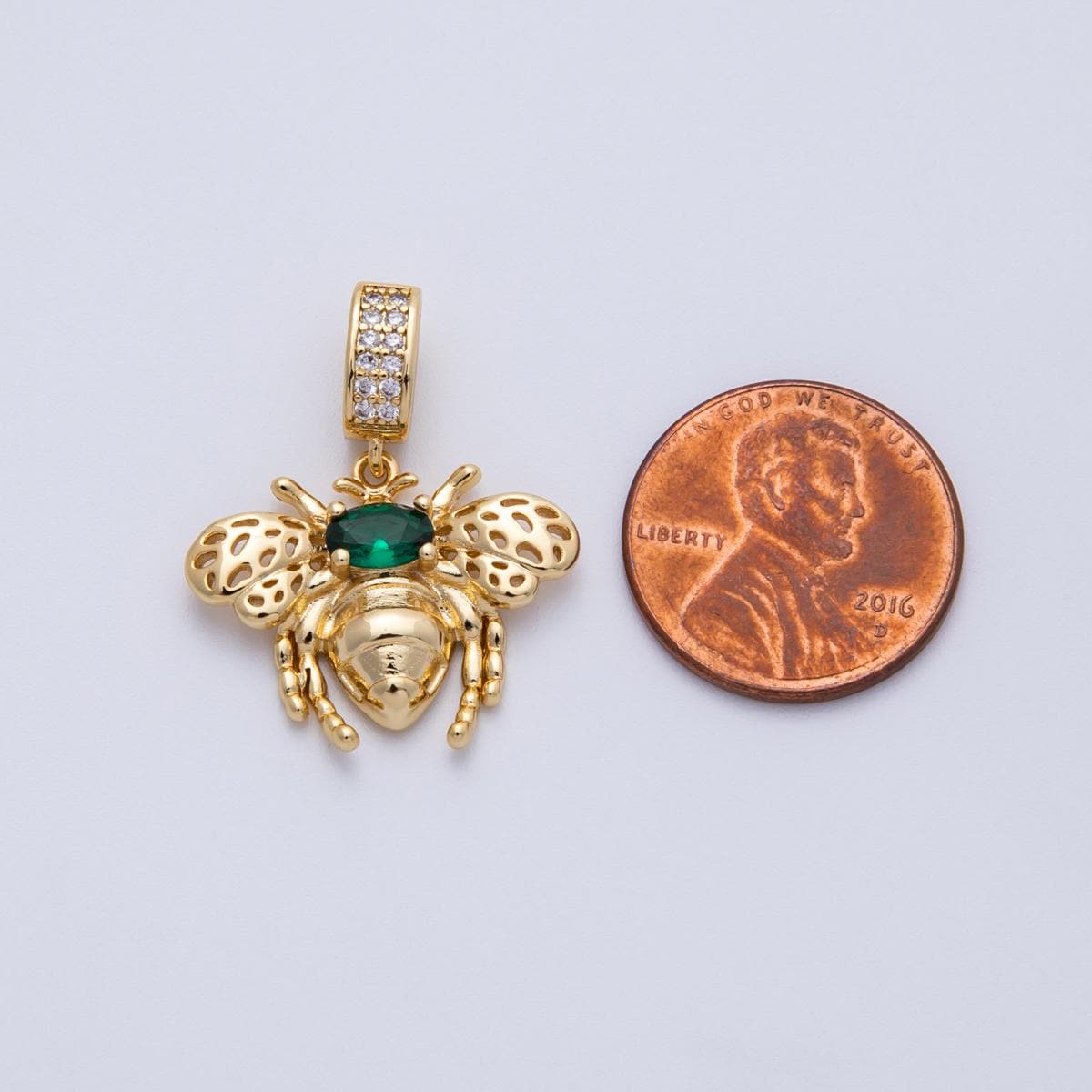 14K Gold Filled 22mm Green Micro Paved CZ Bumble Bee Insect Pendant Nature Lover Gift DIY Jewelry Supply for custom necklace | Charms-00089